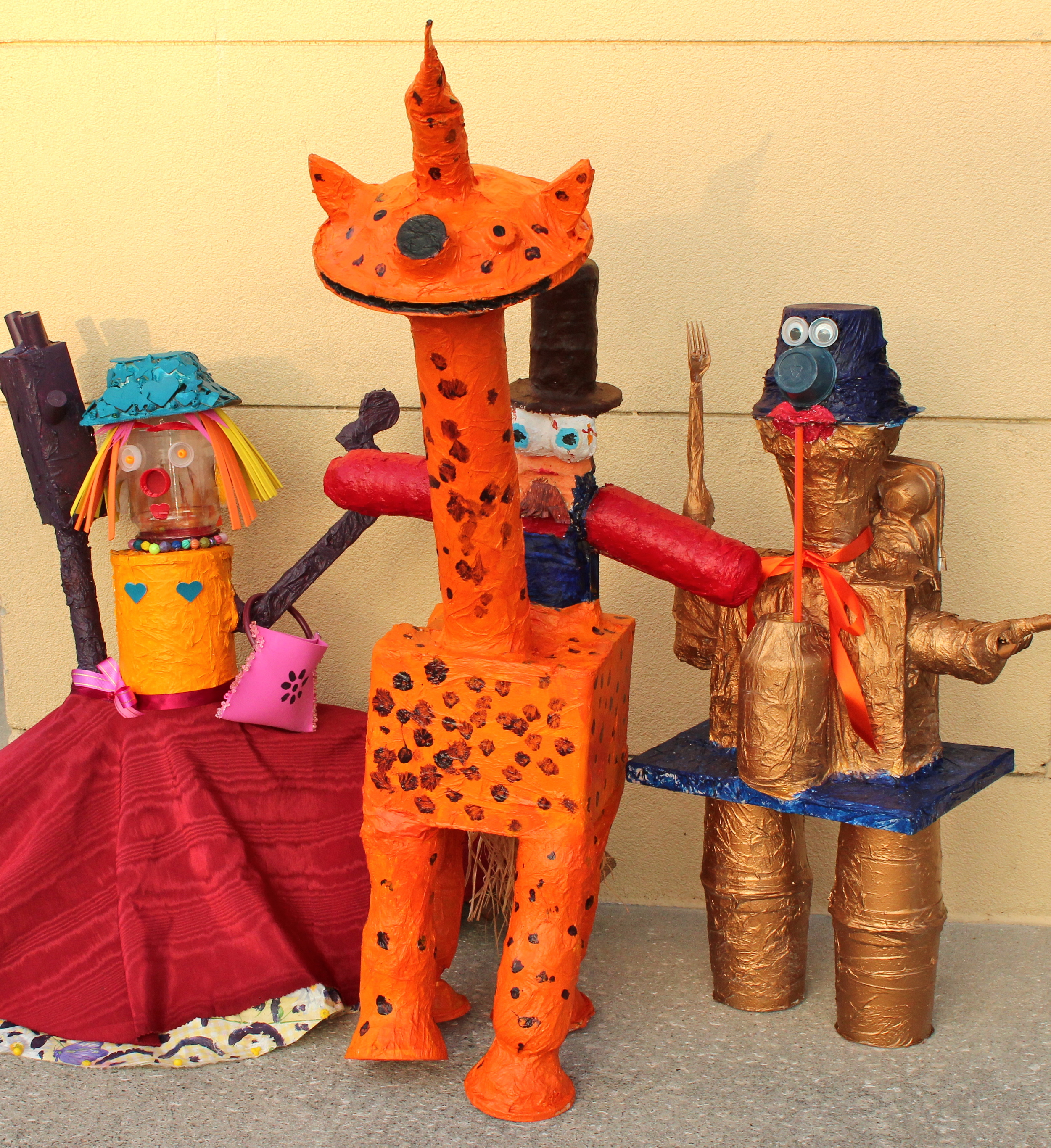 The sculptures Ryan W. and I made out of recycled materials and papier maché. These were some of the characters in the book that Ryan wrote as part of our Creative Clay's Art Link project.