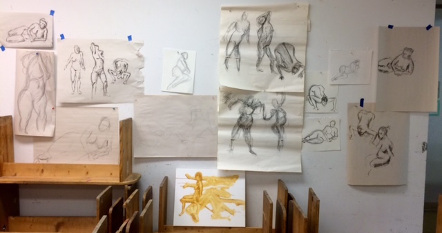 Some of the life drawings my students did during the most recent Beginning/Intermediate Painting Course at the Morean Arts Center. Some of these were done by "old hands," others by complete novices who valiantly agreed to give drawing from life a try. 