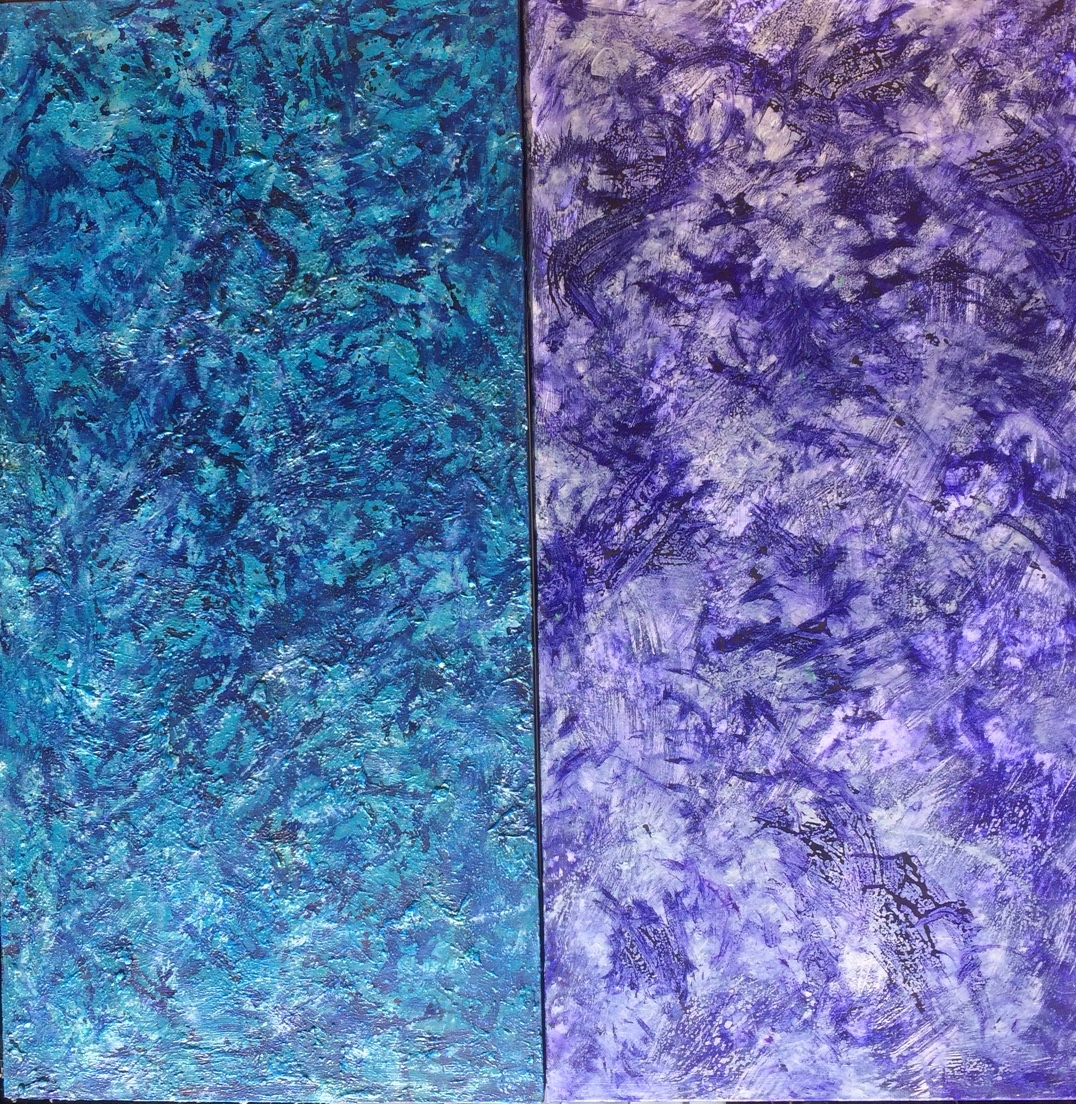 Work in progress-- Meditation on Water, diptych. Rhoplex, acrylics, oil sticks, graphite, on canvas, 48 x 48 inches. I'm debating whether the panels will end up being horizontal or vertical.