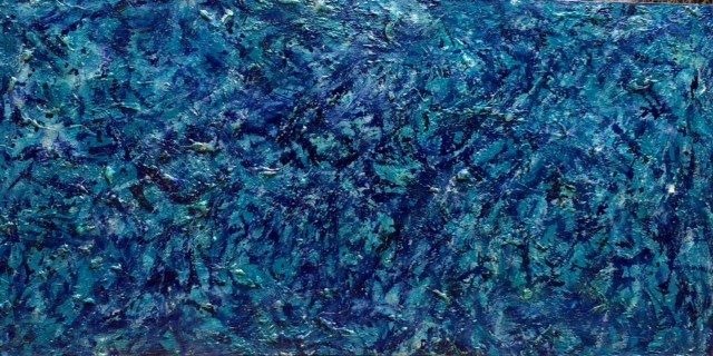 One panel from the diptych, Meditation on Water. Rhoplex, acrylics, oil sticks, graphite, on canvas, 24 x 48 inches. 