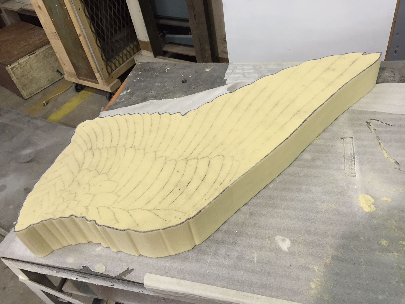 This small wing cut out represents the beginning of a scale prototype for another project that will be formed in aluminum. This wing will be contoured like a wing surface and cut into sections to inform the creation of a full scale jig that will be used to guide the contours of the aluminum.