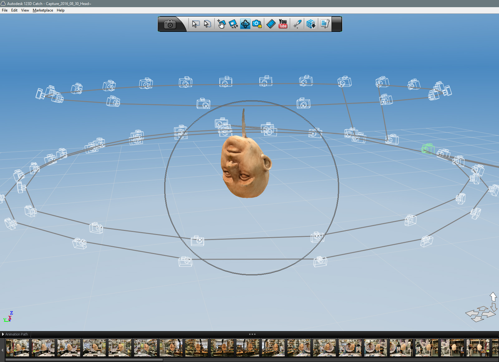 Mesh processing complete. Background images have been removed, leaving just the Head floating inside a camera cloud.