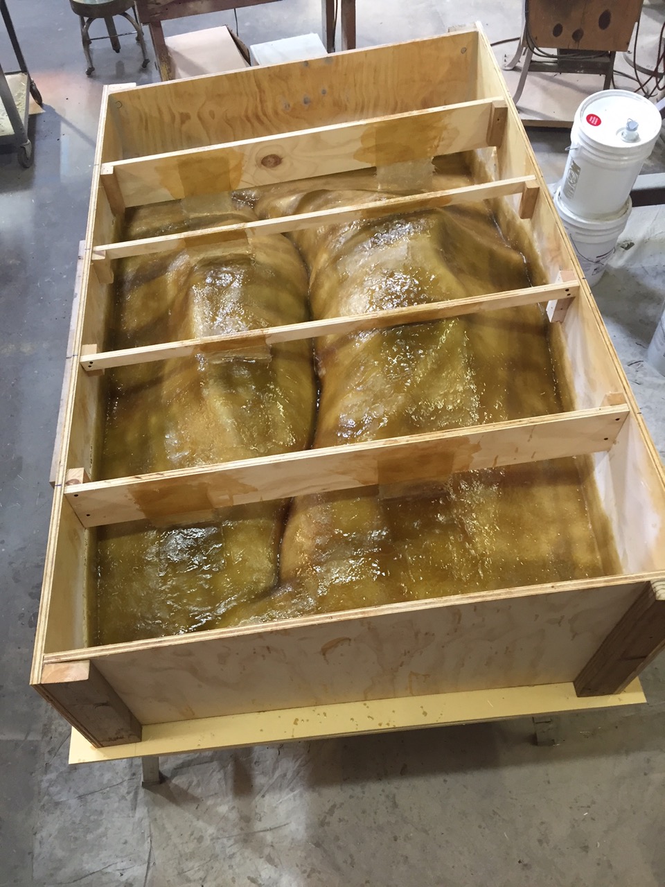 Here we have the fiberglass mold reinforced with plywood ready for disassembly.