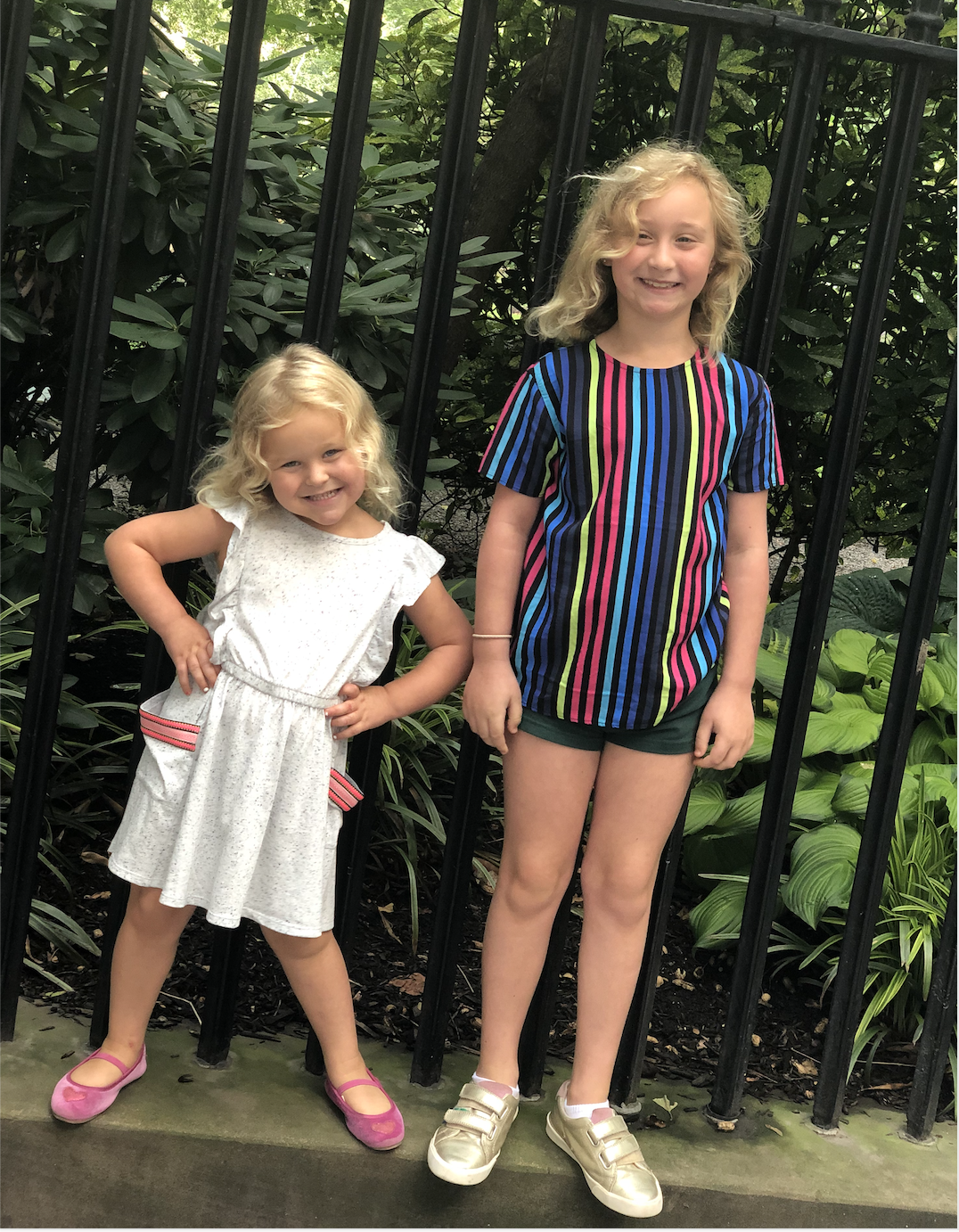 Goldie is wearing her favorite Cat & Jack dress, and Lex got this striped shirt at the Rockets of Awesome store opening event- she was so excited to wear it, even though the only bottoms she packed for our overnight trip to NYC were a pair of hunter green camp uniform shorts!