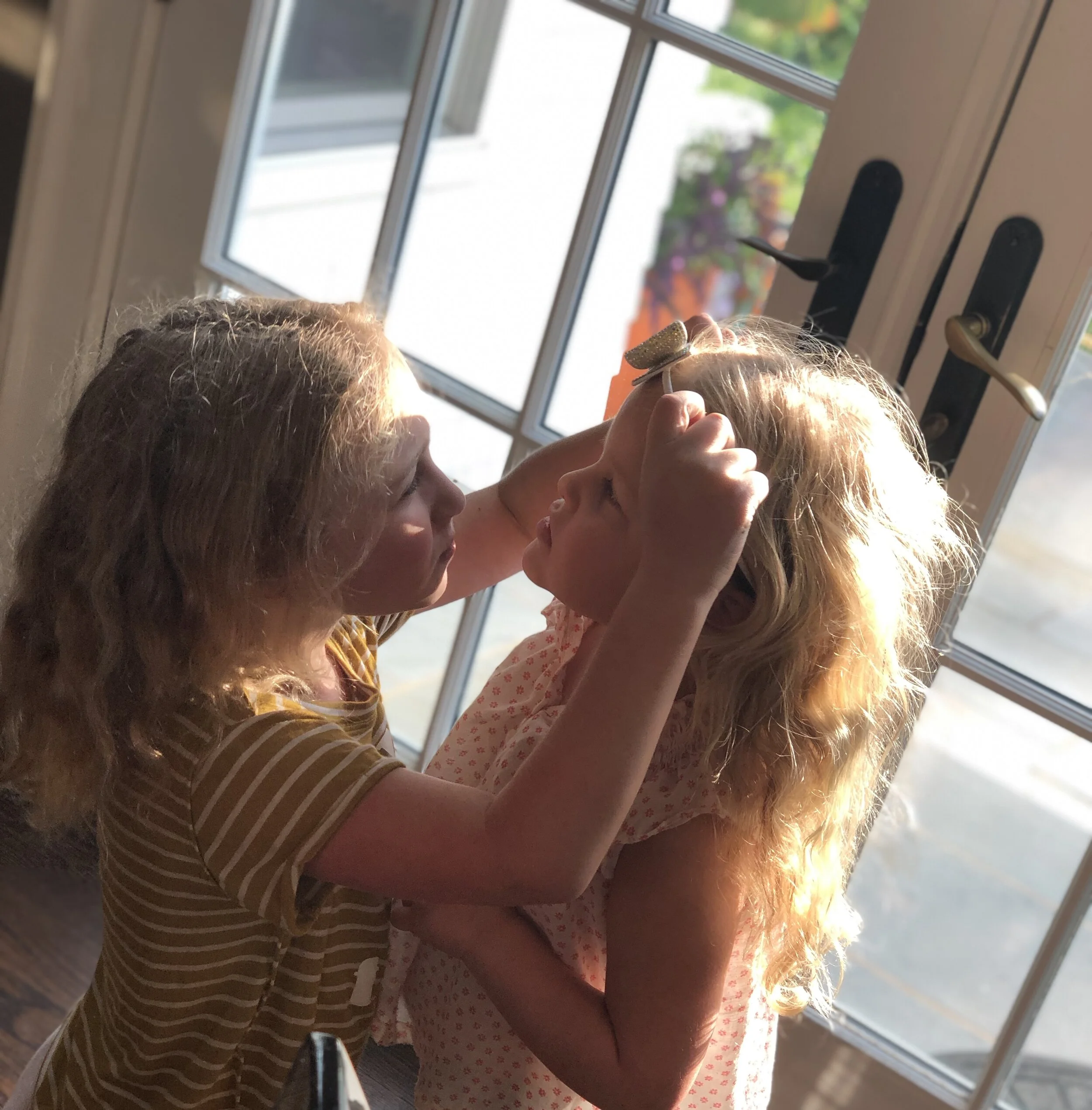Morning styling sessions as Alexa (age 8.5) proudly gets Goldie (age 4.5) all glammed up for preschool.
