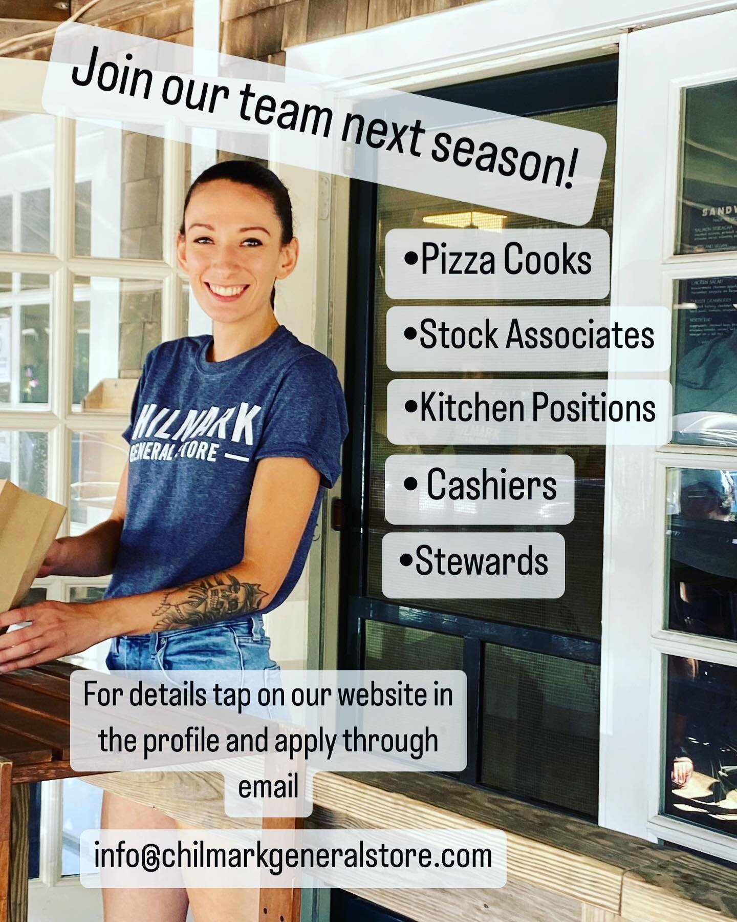 We invite you to join our team for the 2023 season!
Currently hiring for the following positions:

Pizza Cooks
Stock Associates
Sandwich &amp; Salad Makers
Bakers
Servers /Cashiers
Stewards
Assistant Retail Manager
Social Media Associate

Housing ava