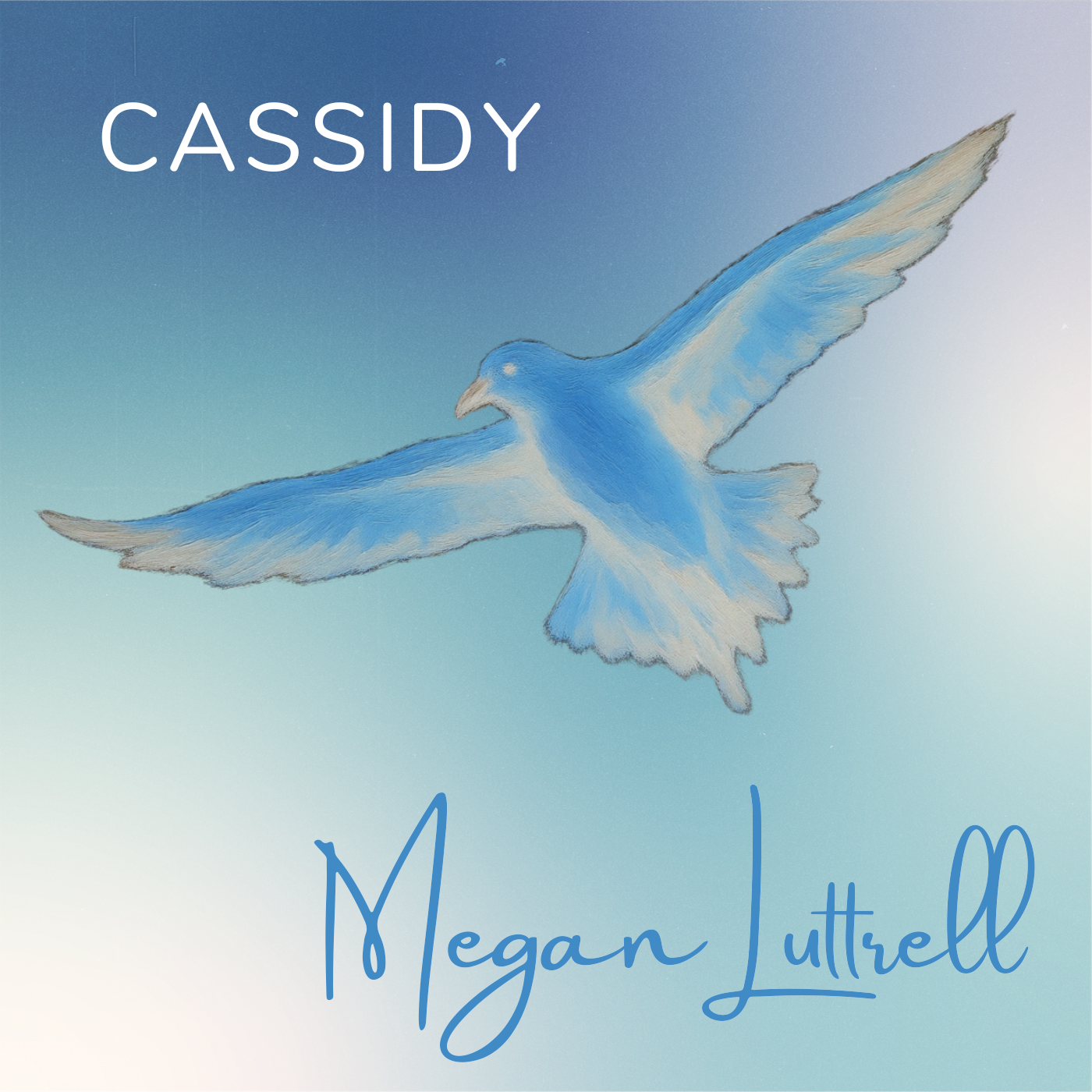 Cassidy. Megan Luttrell. Pastel blue and white drawing of a flying bird