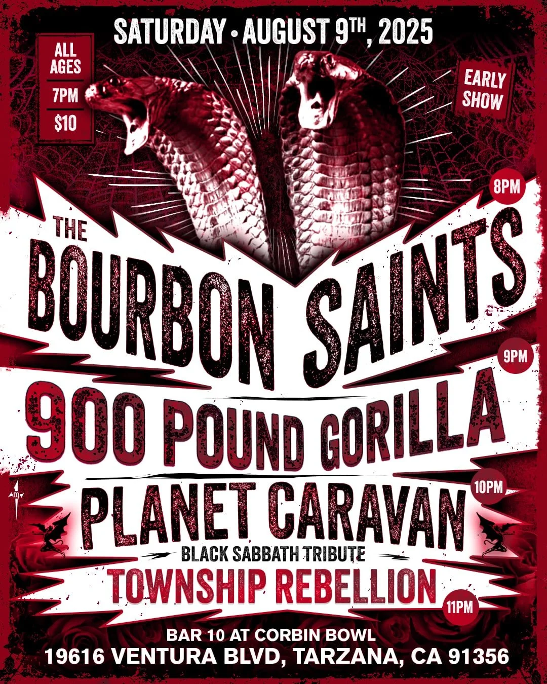 Township Rebellion, tribute to Rage Against the Machine & Planet Caravan, tribute to Black Sabbath. With 900 Pound Gorilla & The Bourbon Saints.
