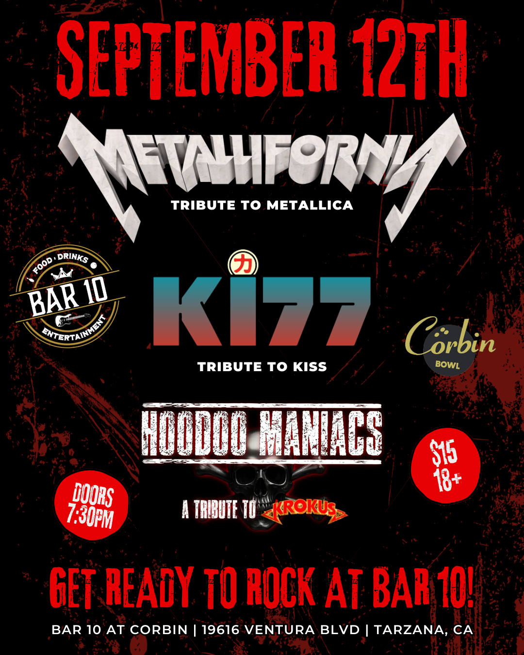 Metallifornia, KI77, and Hoodoo Maniacs, tributes to Metallica, KISS, and KROKUS
