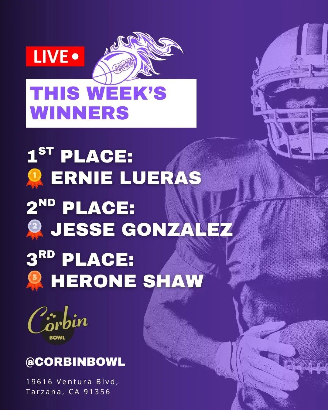 Congratulations to our Pro Football Pick 'Ems winners this week! 🥇🎉

Make sure to enter every week for a chance to win! And if you see your name on the leaderboard, come on in and claim your prize! 🏈🍔🍟