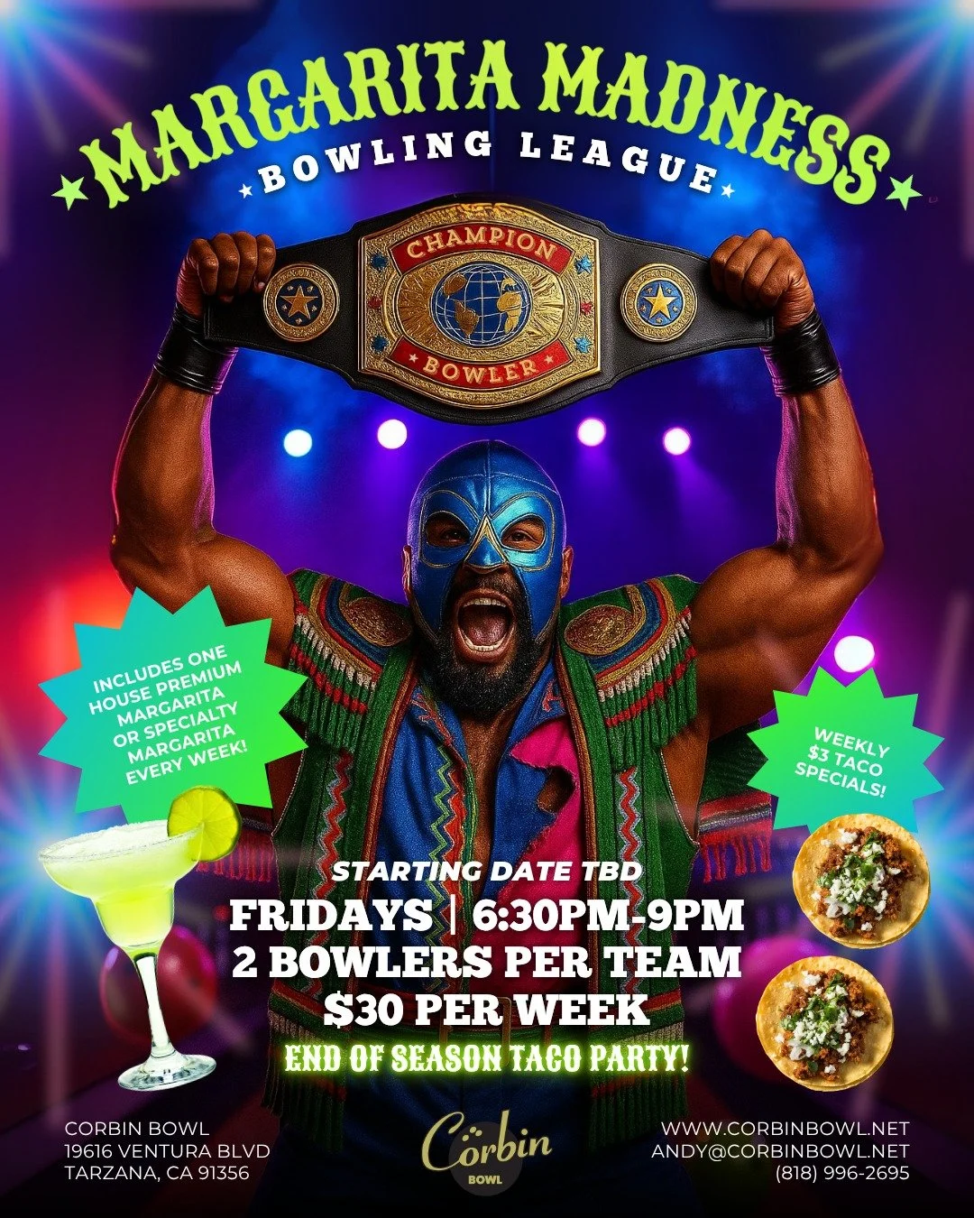 Step into the ring for Margarita Madness! 🥊🍹
Join our new bowling league every Friday at 6:30PM and battle it out for the championship belt! 💥

EACH WEEK INCLUDES
🎳 3 games + shoes
🍻 Your choice of a FREE margarita or draft pint
🎯 Easy &ldquo;N