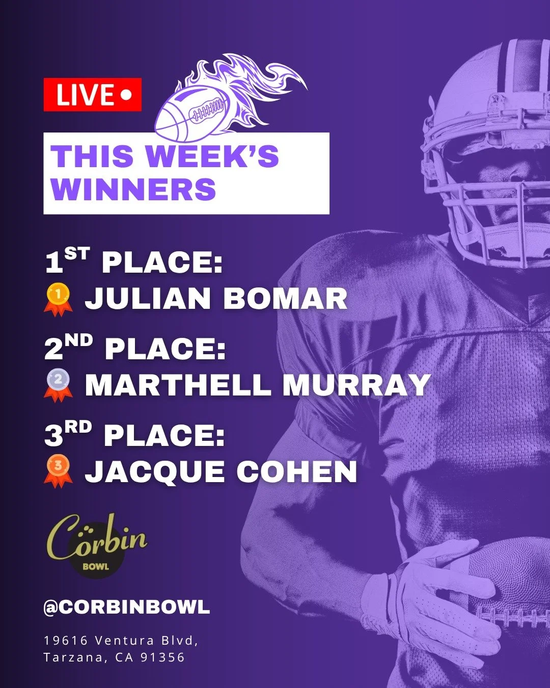 Congratulations to this week's Pro Football Pick &lsquo;Ems winners! 🎉
🥇 1st Place: enjoy a FREE regular-priced food item! 🍕🌮🍔
🥈 2nd Place &amp; 🥉 3rd Place: score your FREE happy hour bites! 🥨🍟

Think you can take the crown next week? Enter