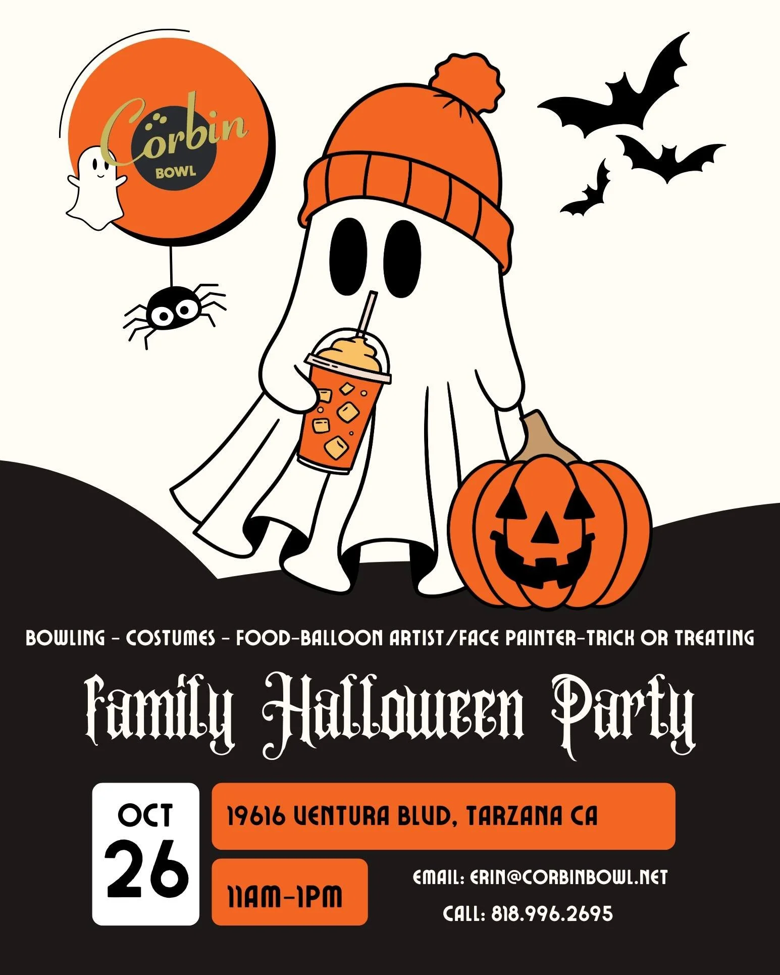 🚨 Last chance to join us for some spooktacular fun at our Family Halloween Party! 🎃 We only have a few lanes left! 😱 Contact us now to reserve your spot!
📩 Email: erin@corbinbowl.net
📞 Call: 818.996.2695

Each lane rental includes two hours of C