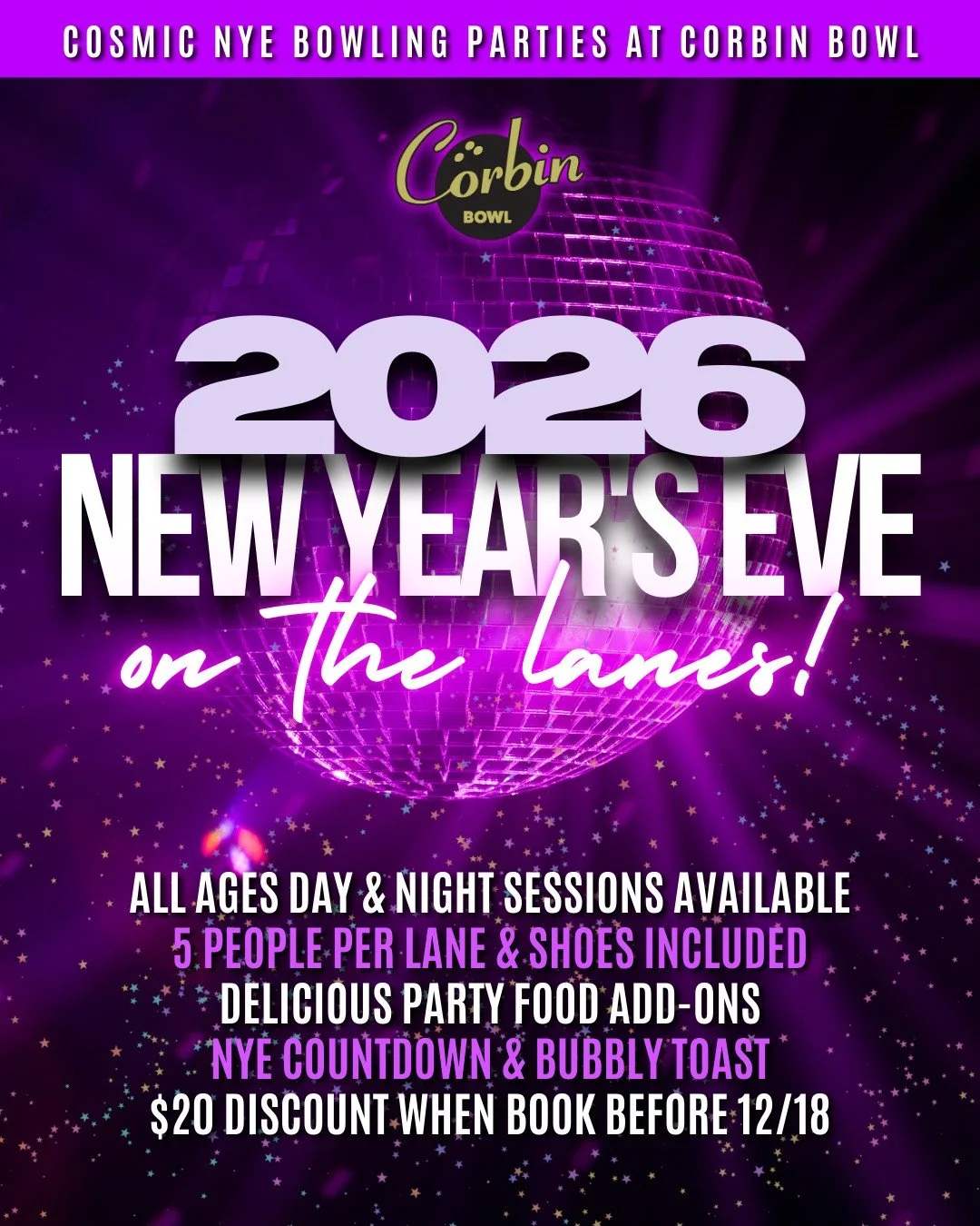 Cosmic NYE party packages are available now! 🎳🎆 Celebrate 2026 the fun, stress-free way with our annual New Year's Eve bowling parties! Up to 5 people per lane, shoe rentals included, and insanely good food add-ons. 🪩

We have limited lanes availa