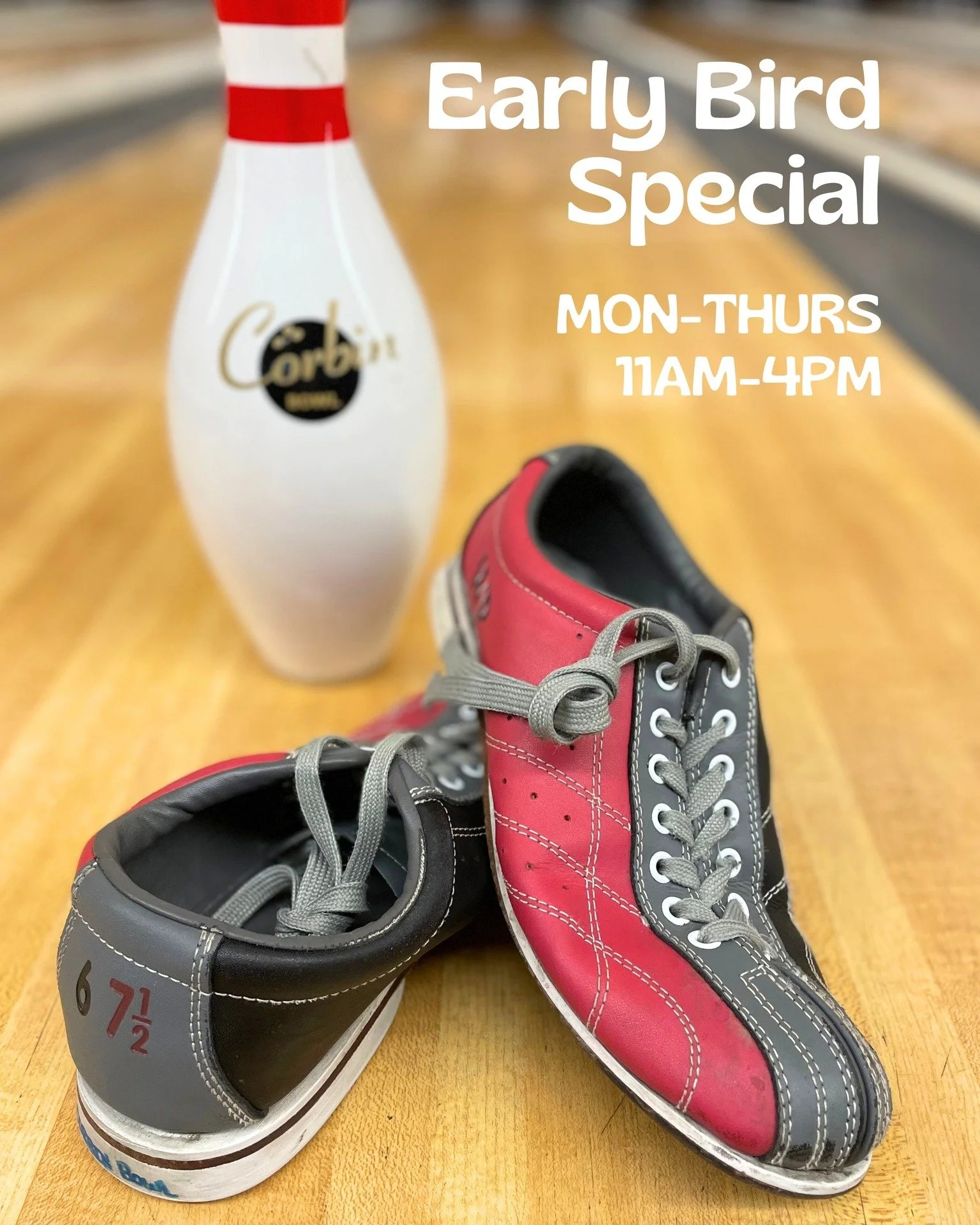 Start your day the right way with our limited-time Early Bird Special! 🎳☀️

🐤 $2 per game from 11am-12pm
🐤 $4 per game from 12pm-2pm
🐤 $6 per game from 2pm-4pm
🐥 Monday-Thursday at Corbin Bowl

To participate in our Early Bird Special, simply ad