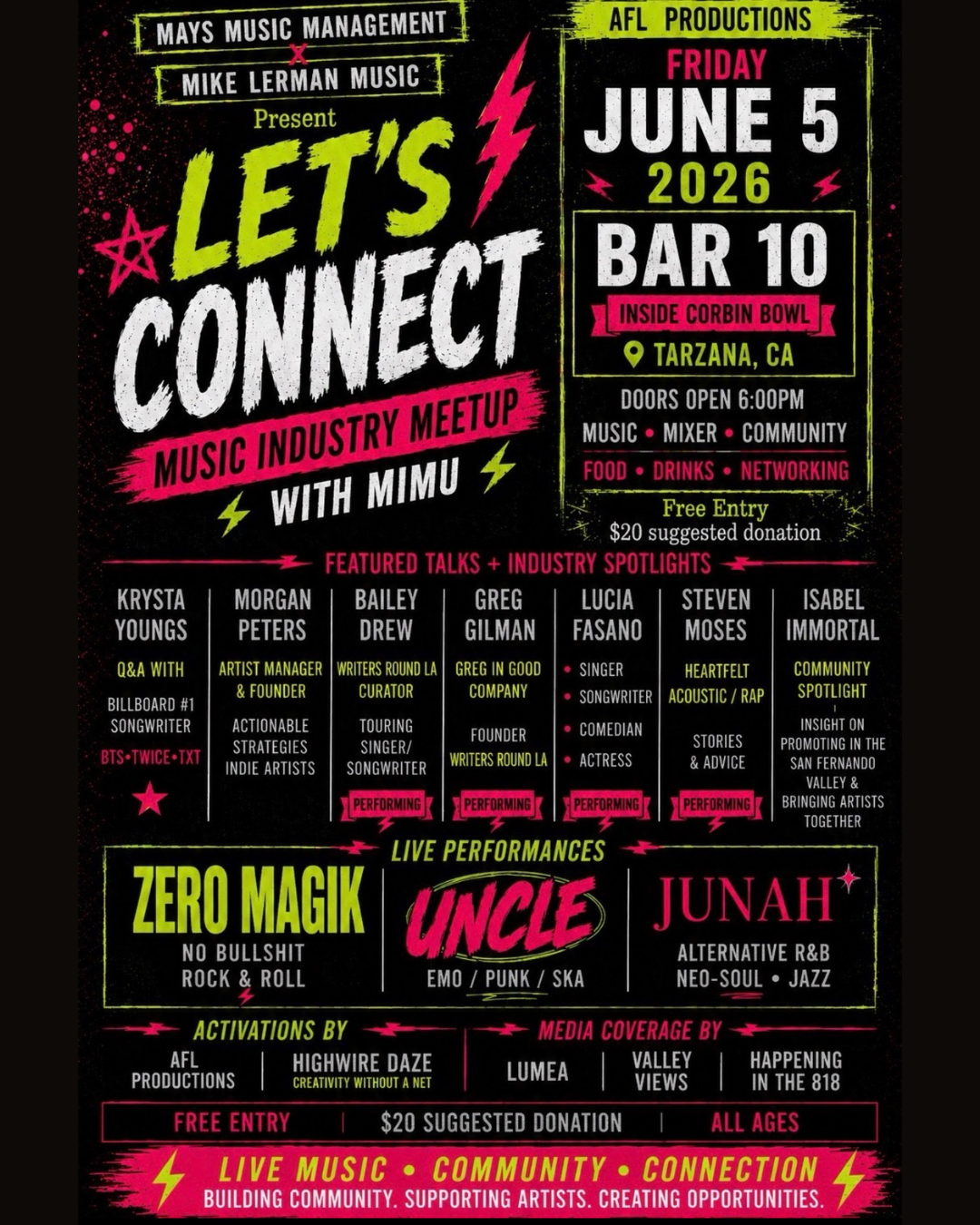 Music Industry Mixer with MIMU. Live Performances with Zero Magik, Uncle, Junah, and More! Music, Networking, Community.