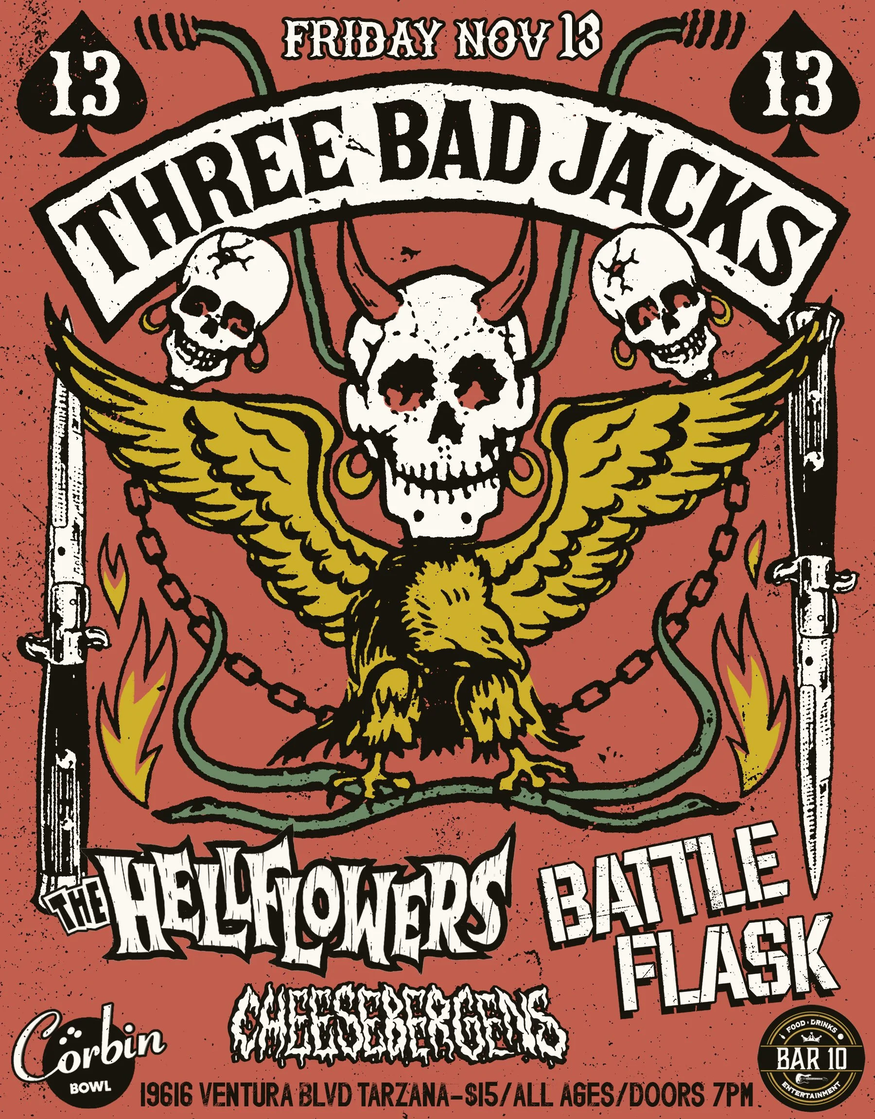 Three Bad Jacks, with The Hellflowers, Battleflask, and The Cheesebergens