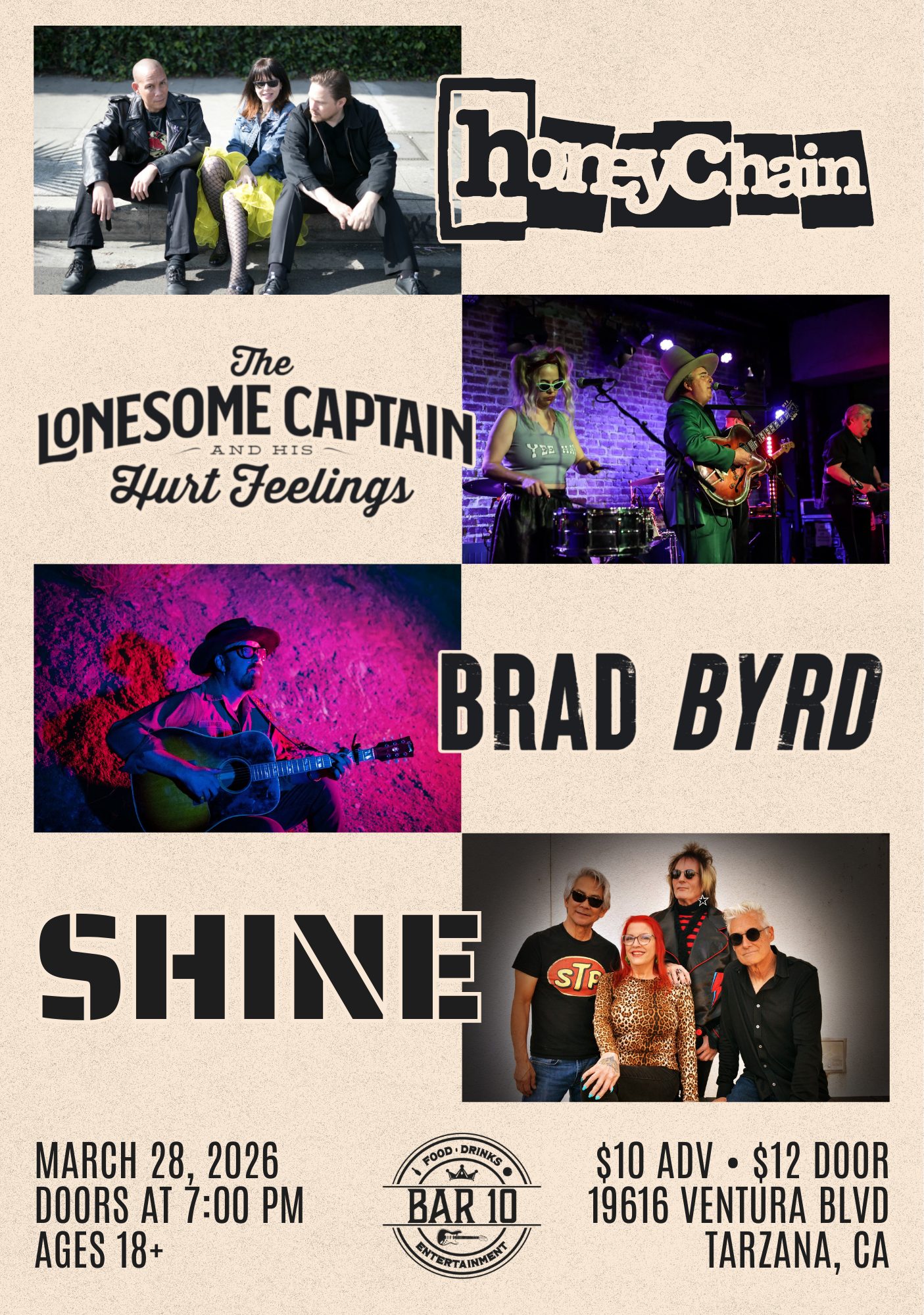 Live Music at Corbin Bowl, LA, with honeychain, the lomesome captain and his hurt feelings, Brad Byrd, and Shine
