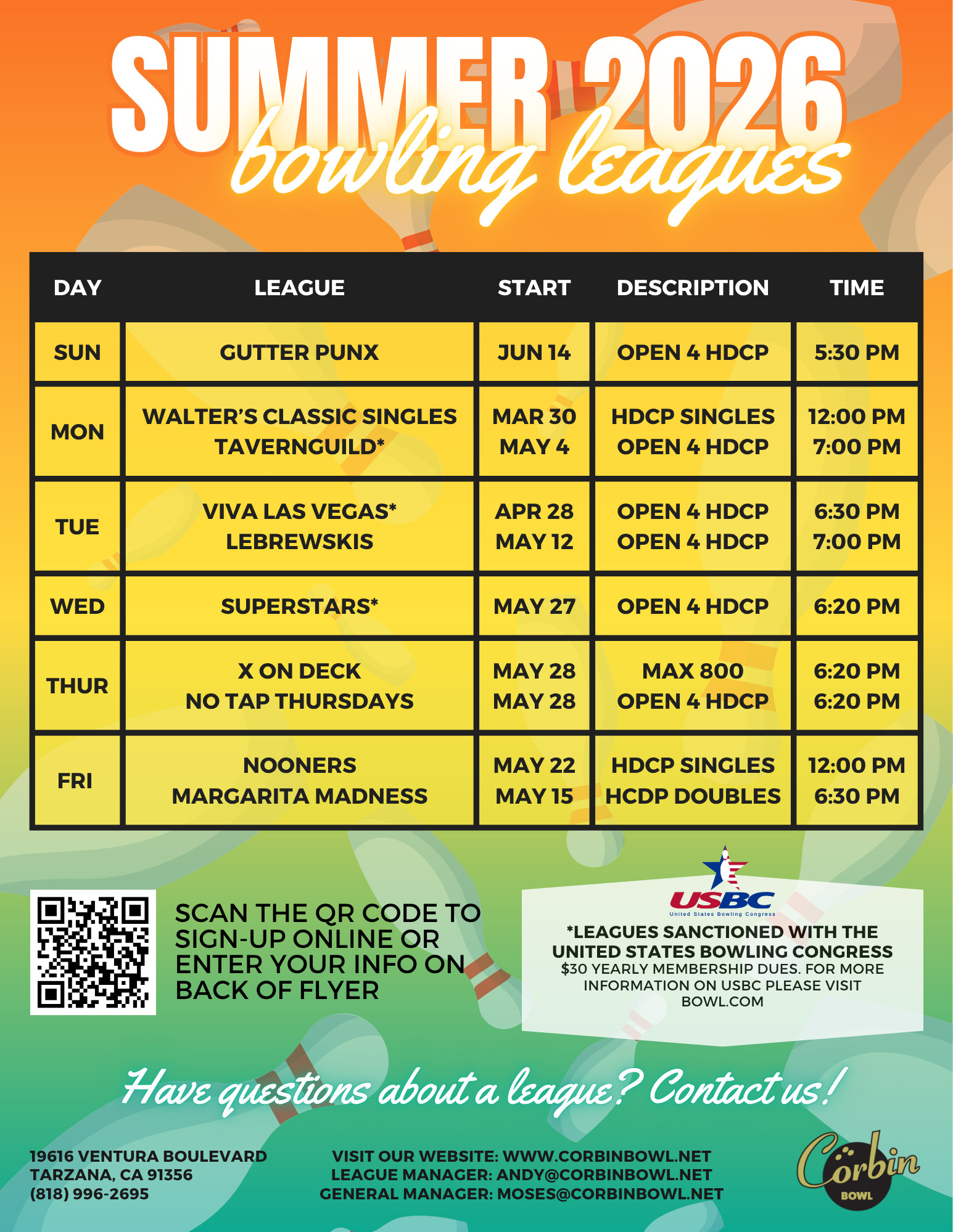 Summer bowling leagues at Corbin Bowl, Tarzana. Seniors leagues, punk leagues, youth leagues, drinking leagues, and more!