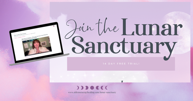Aldens energy healing The Lunar Sanctuary 14 day free trial pink and purple image with a cata to join the 14 day free trial of the lunar sanctuary. alden, a white presenting, you, plus size female has her hands in prayer position and a gentle smile