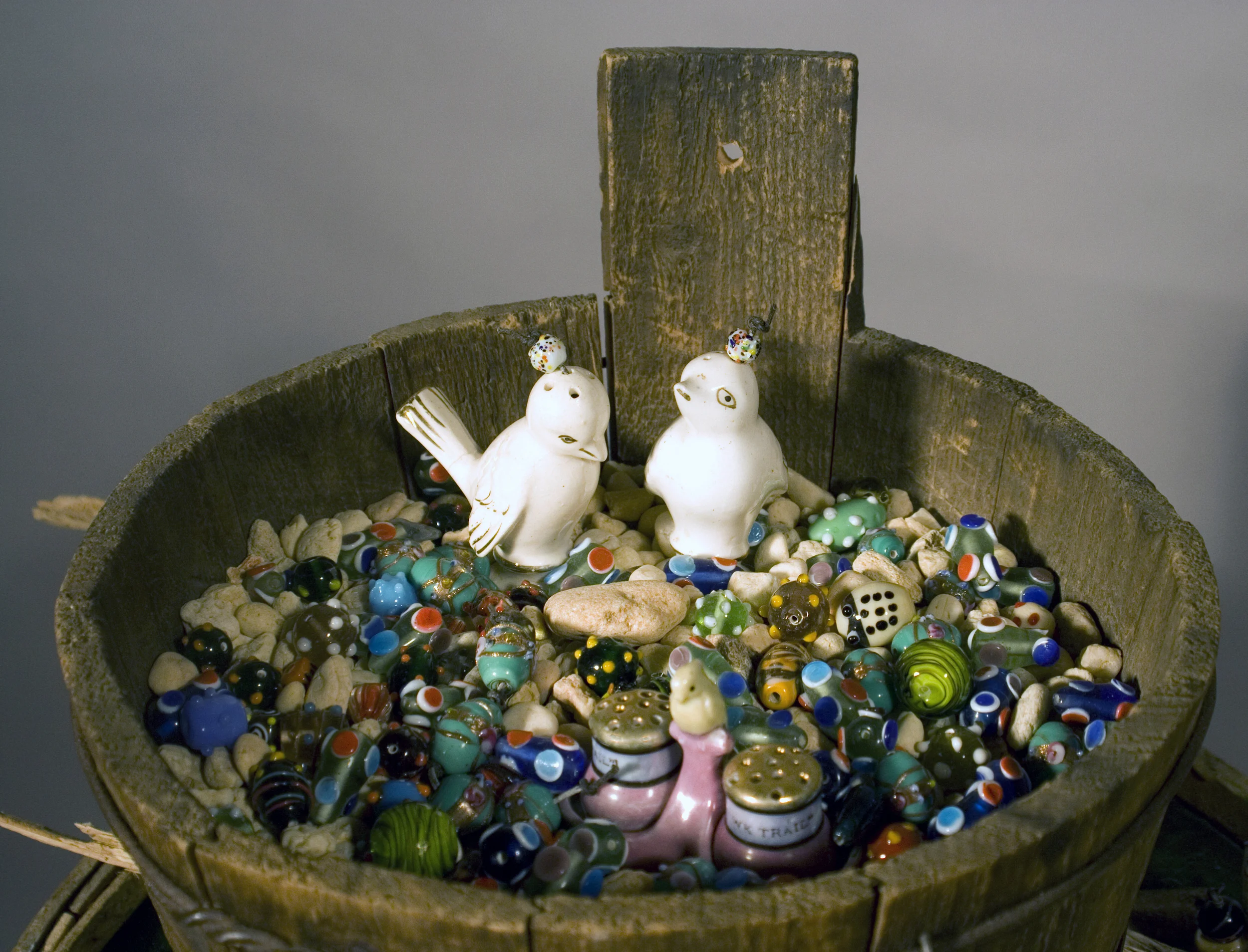 S&P Birds. Ceramics and glass. Originally created in 2010 with small revisions later. Detail shown here. Entire piece measures 23"W x 19" x 28"H.