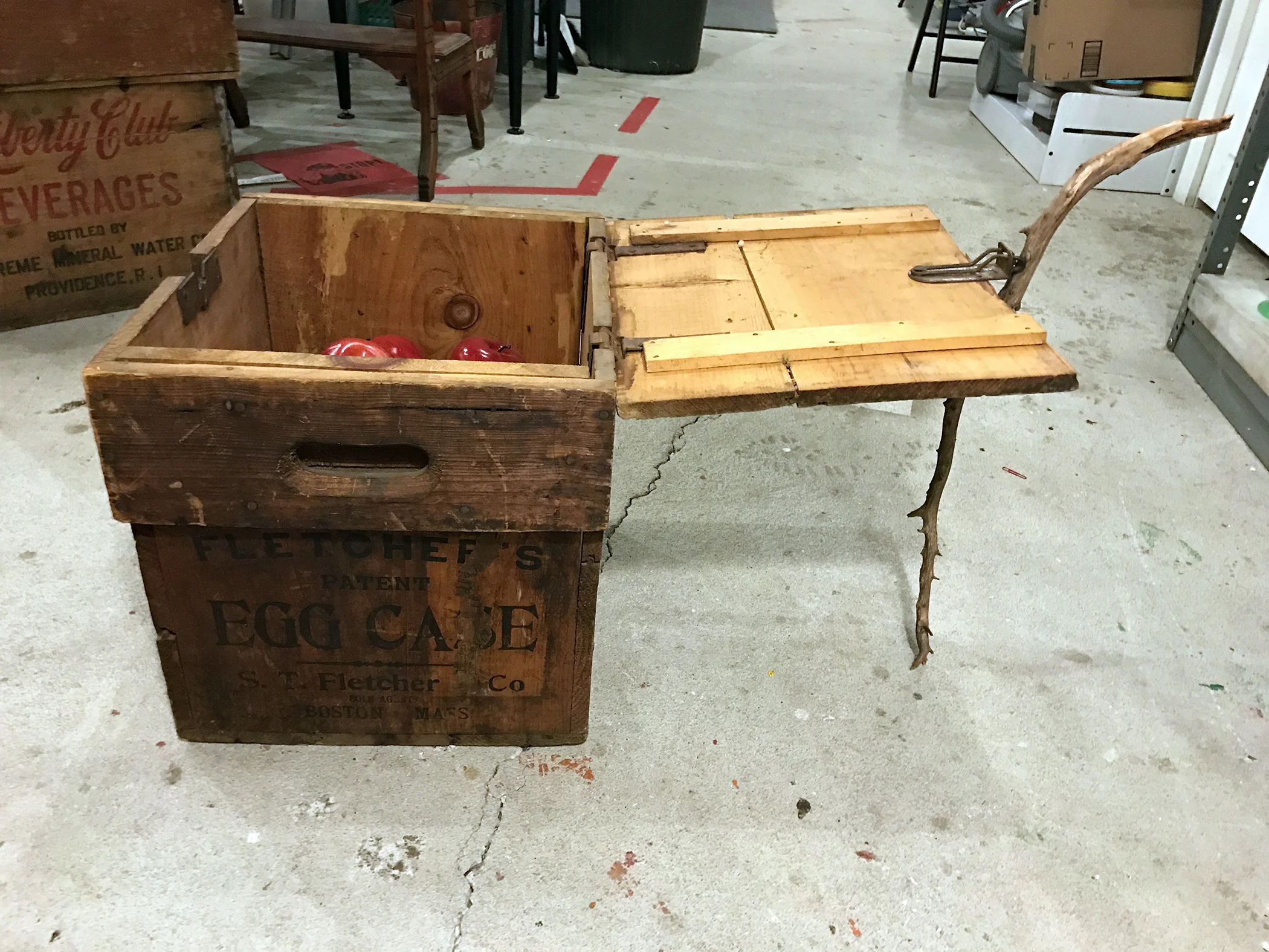 Apples With Worm. View of the wooden crate. 2017 25"x15"x20"H.