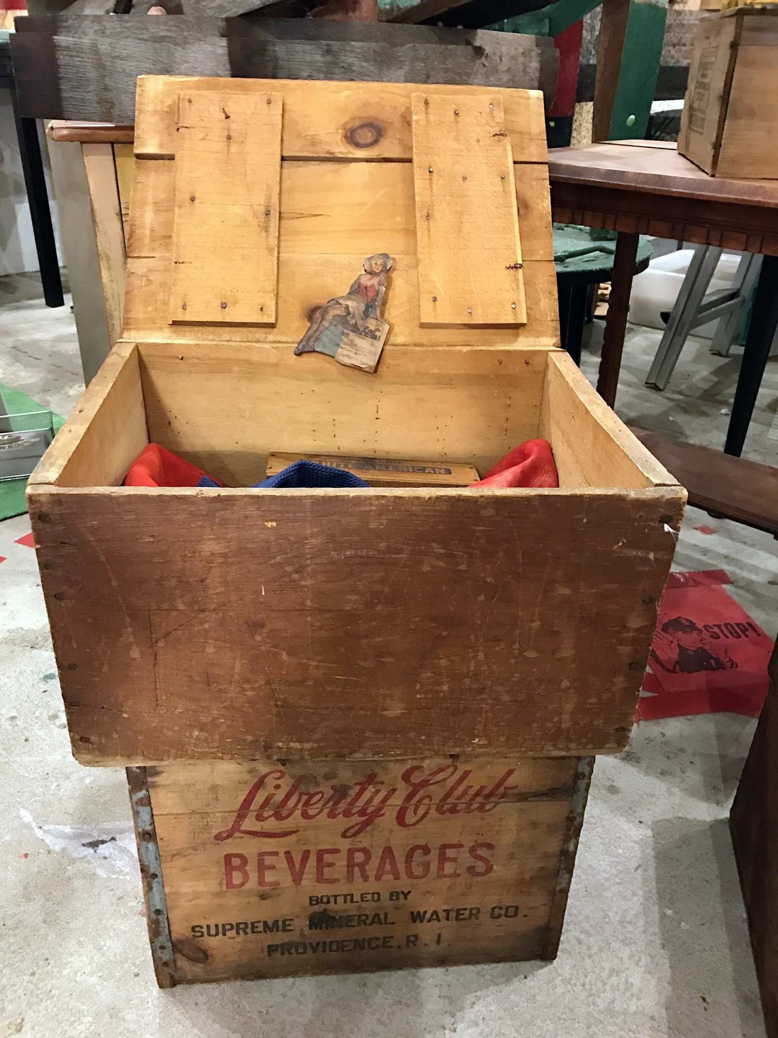Mel-O-Bit White American Cheese. Assemblage with "Franco American" and "Liberty Club" wood crates, Mel-O-Bit box and 1950’s cut-out on wood. 2017 27"X19"x32"H.