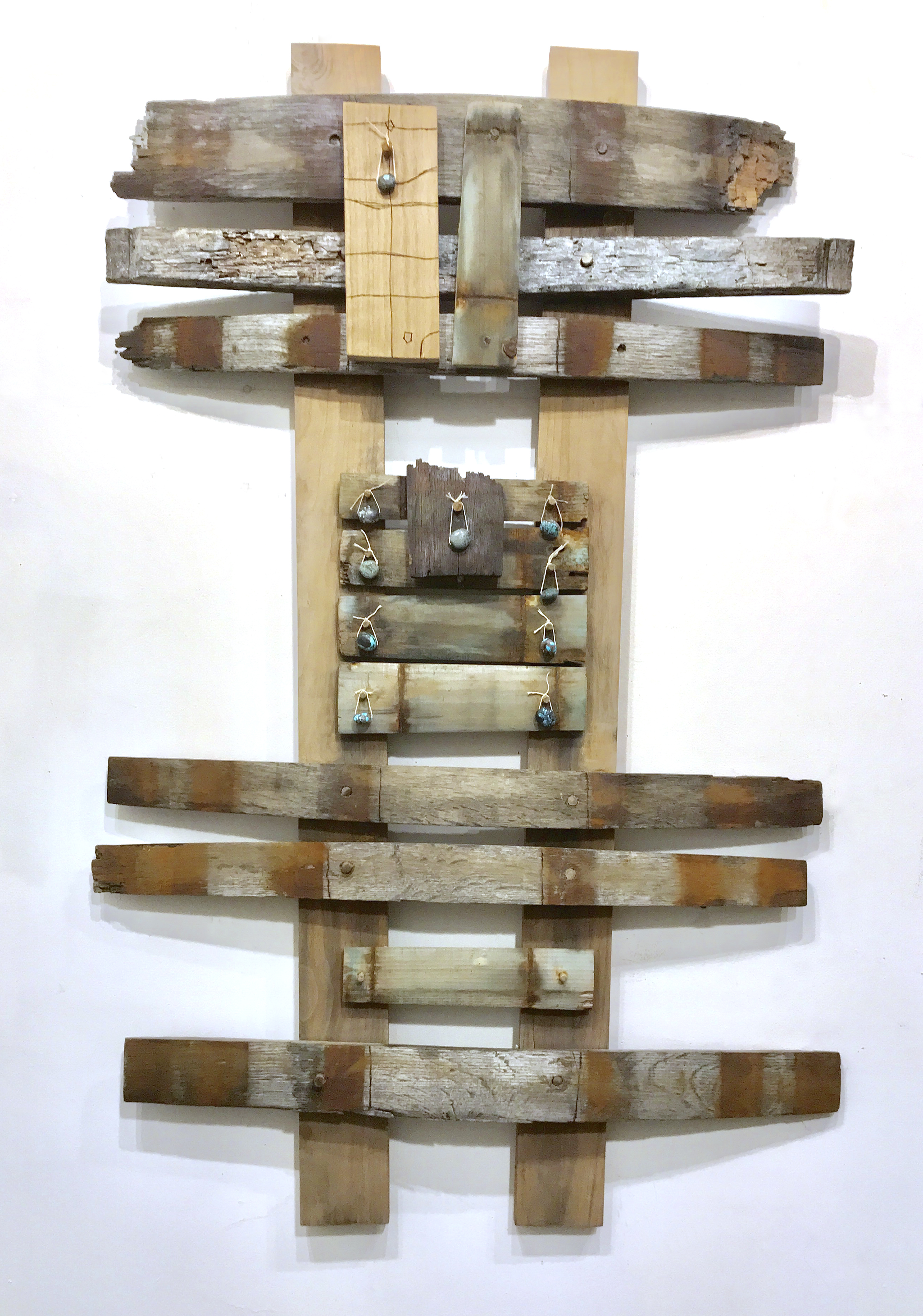 More Dunes. Sculpture from found wood, hardwood and turquoise beads, 29”Wx24”Hx3”D, 2018.