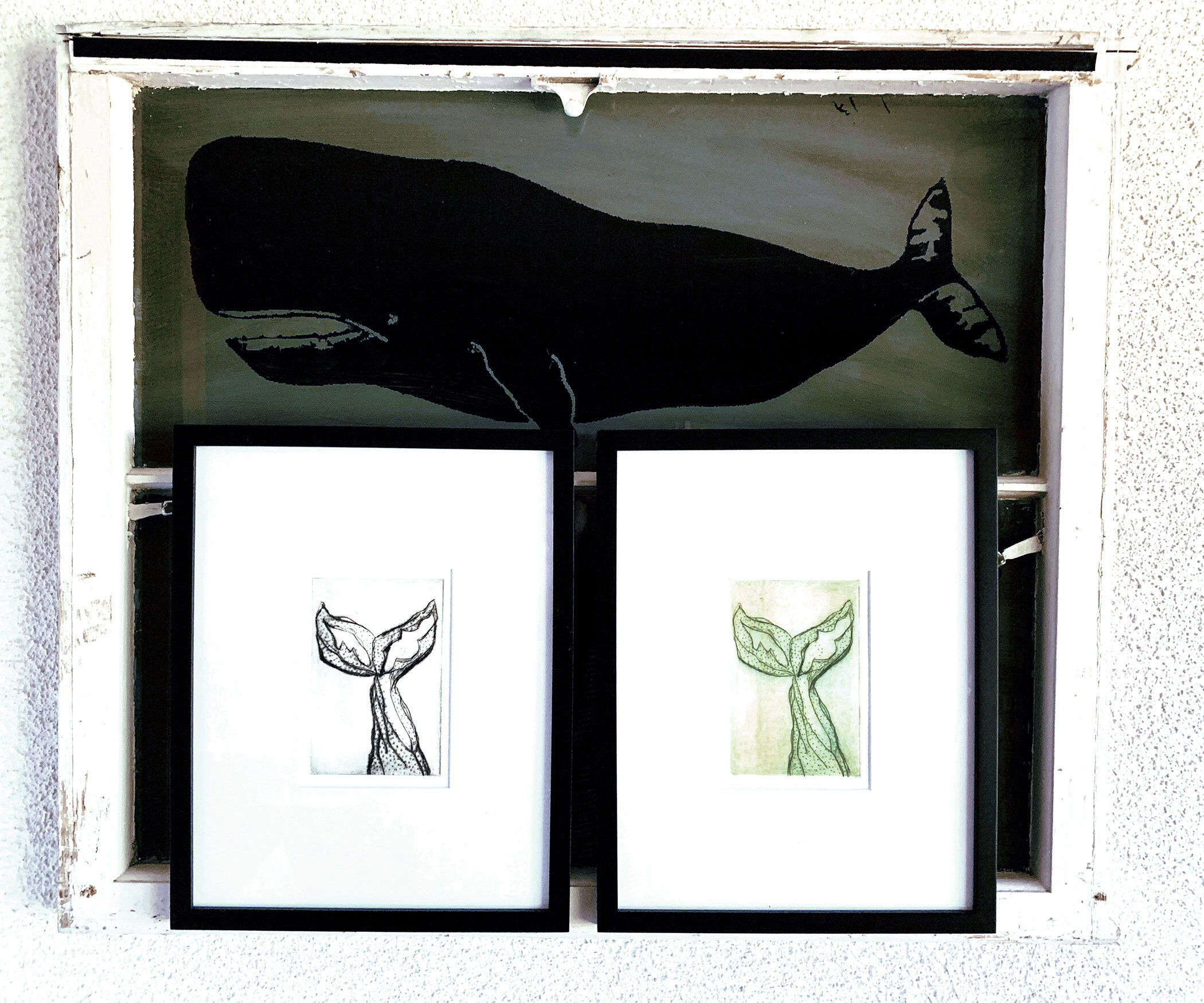 Whale Tail, Found Window With Two Intaglio Prints, 27”Wx32”Hx5”D, 2019.