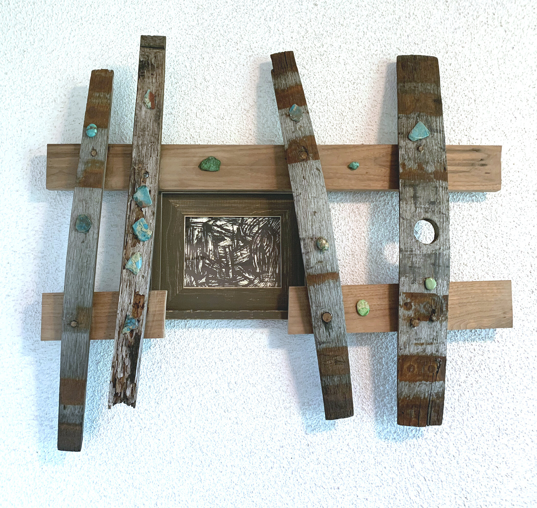 Bejeweled Frame, Found Wood With Turquoise and Jaspar And Framed Intaglio Print, 35”Wx30”Hx5”D, 2019.