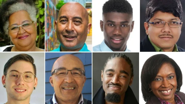 Shelley Fashan, Anthony Kawalski, Carlos Beals, Mohammad Ehsan (top, left to right), Gabriel Enxuga, Irvine Carvery, Lindell Smith and Iona Stoddard (bottom, left to right) are all running in the Halifax municipal election. (Facebook/Twitter/CBC) This Image is courtesy of CBC.