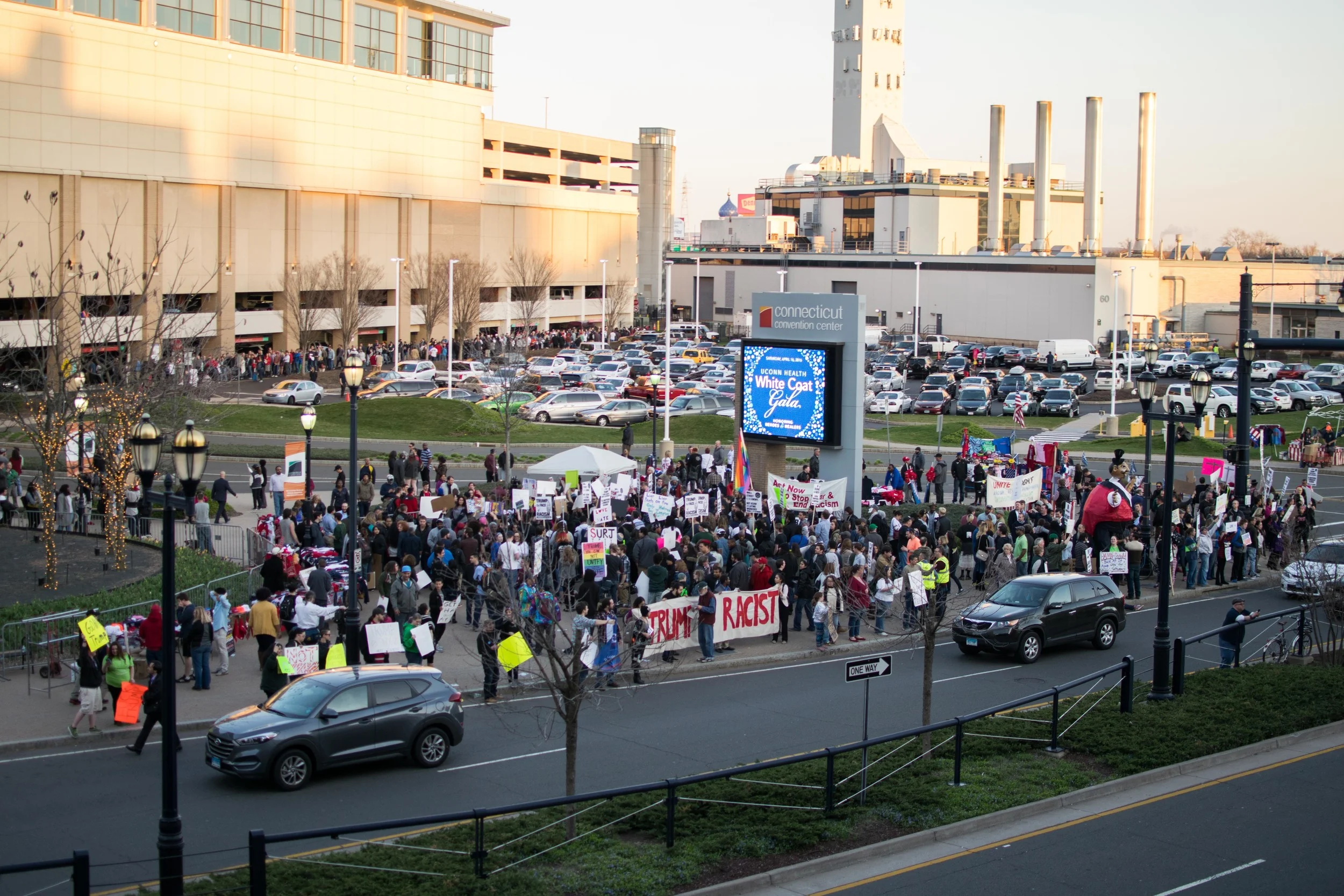 The original crowd of protesters gathered outside of the Connecticut Convention Center, at about 6:45 P.M., some of whom had already been there for nearly four hours.