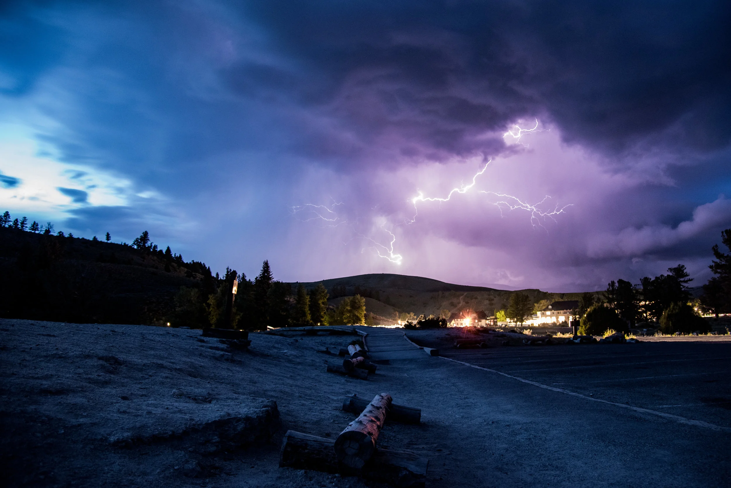 Lighting over Mammoth Hot Springs, Yellowstone National Park.