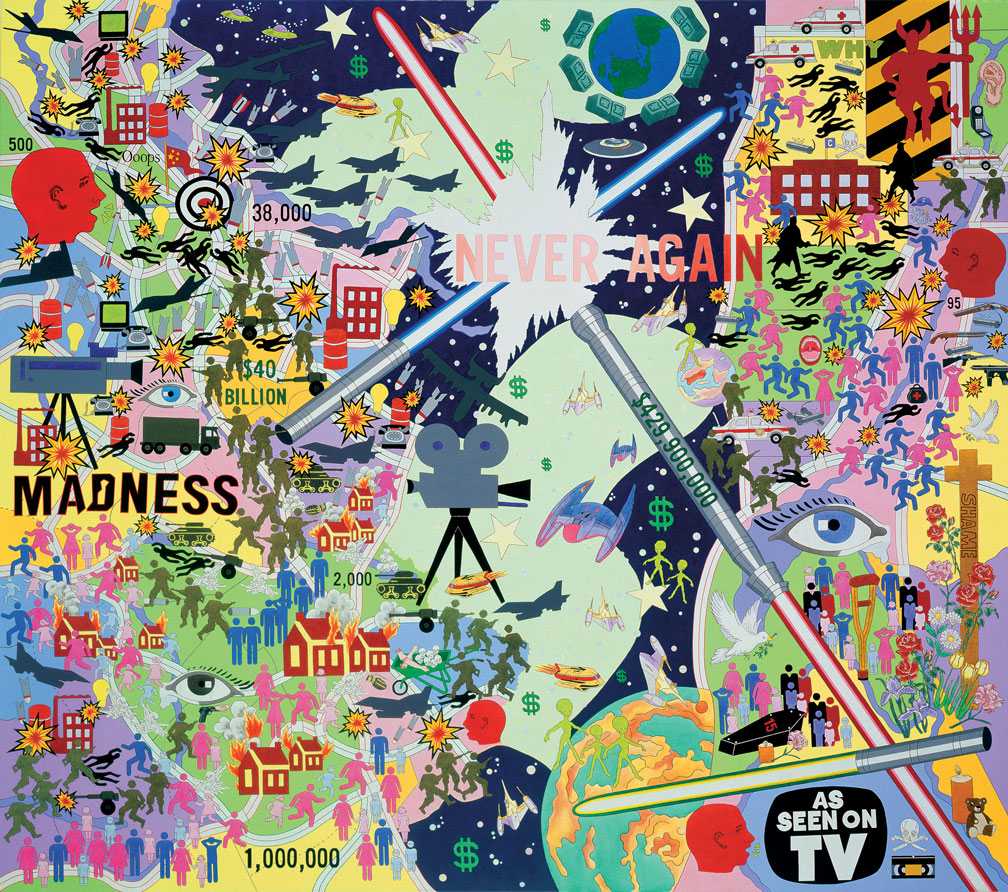 Four Seasons: Spring Cleaning (Spring 1999) 2000 • Acrylic on canvas • 90" x 102 (Kosovo, Columbine, Star Wars: Episode 1 – The Phantom Menace )