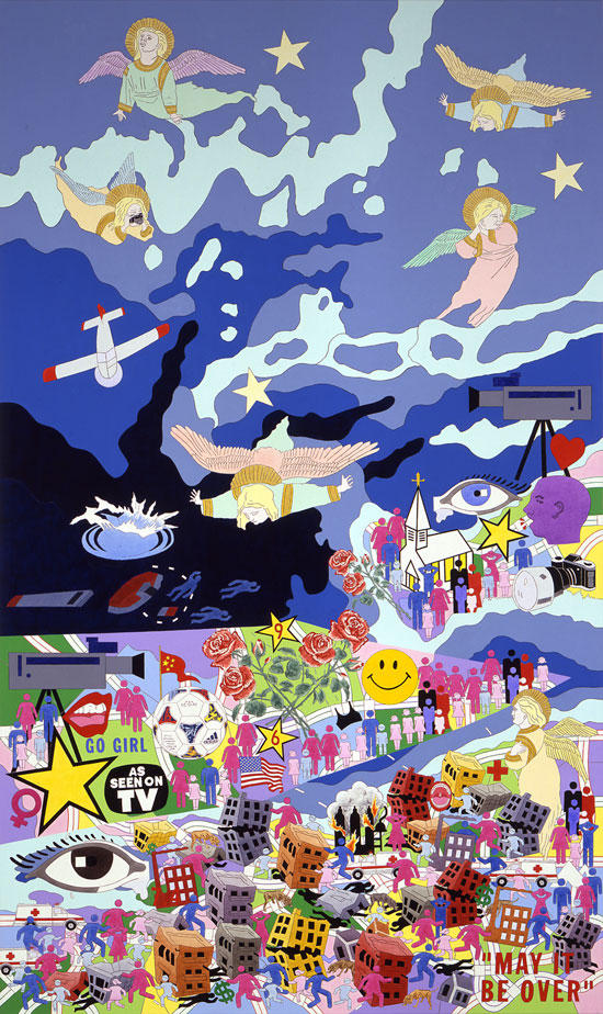 Four Seasons: All Fall Down (Summer 1999) 2000 • Acrylic on canvas • 102" x 60 (JFK Jr. plane crash and funeral, US Women's Soccer Team wins World Cup, major earthquake in Turkey)