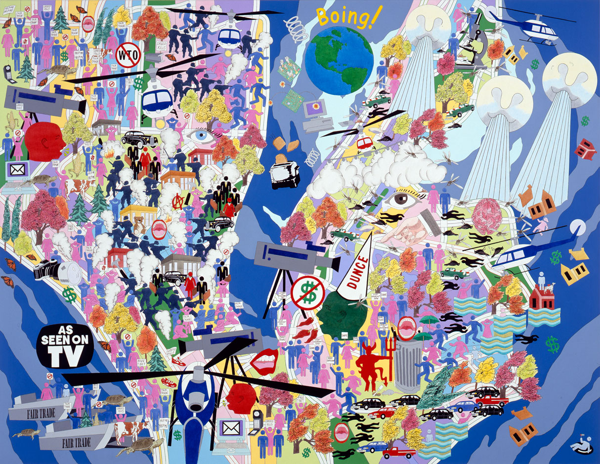 Four Season: Huff 'n' Puff (Fall 1999) 2001 • Acrylic on canvas, 78" x 102 (WTO meeting in Seattle, Y2K, Hurricane Floyd, outbreak of West Nile Virus, Sensations exhibition at Brooklyn Museum, Elian Gonzales arrives in U.S.)