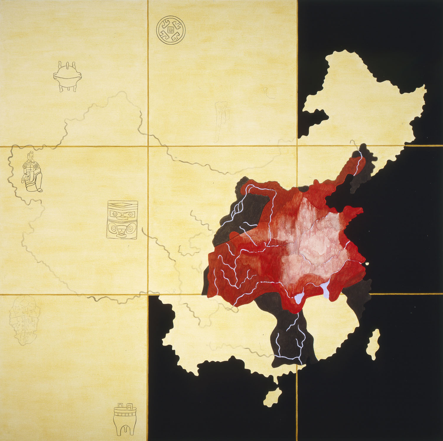 China I: Prehistory 1766-206 B.C. 1990 • Oil, wax, and acrylic inks on canvas • 84" x 84