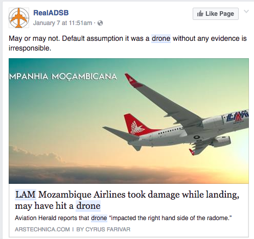 When in fact, the Aviation Herald didn't say this. They said LAM thought it could be, not that it was. There are UAS that conduct surveys within close proximity to the airport currently but a robot wasn't at fault here. Maybe if a robot put the now of the LAM aircraft together? IDK? 