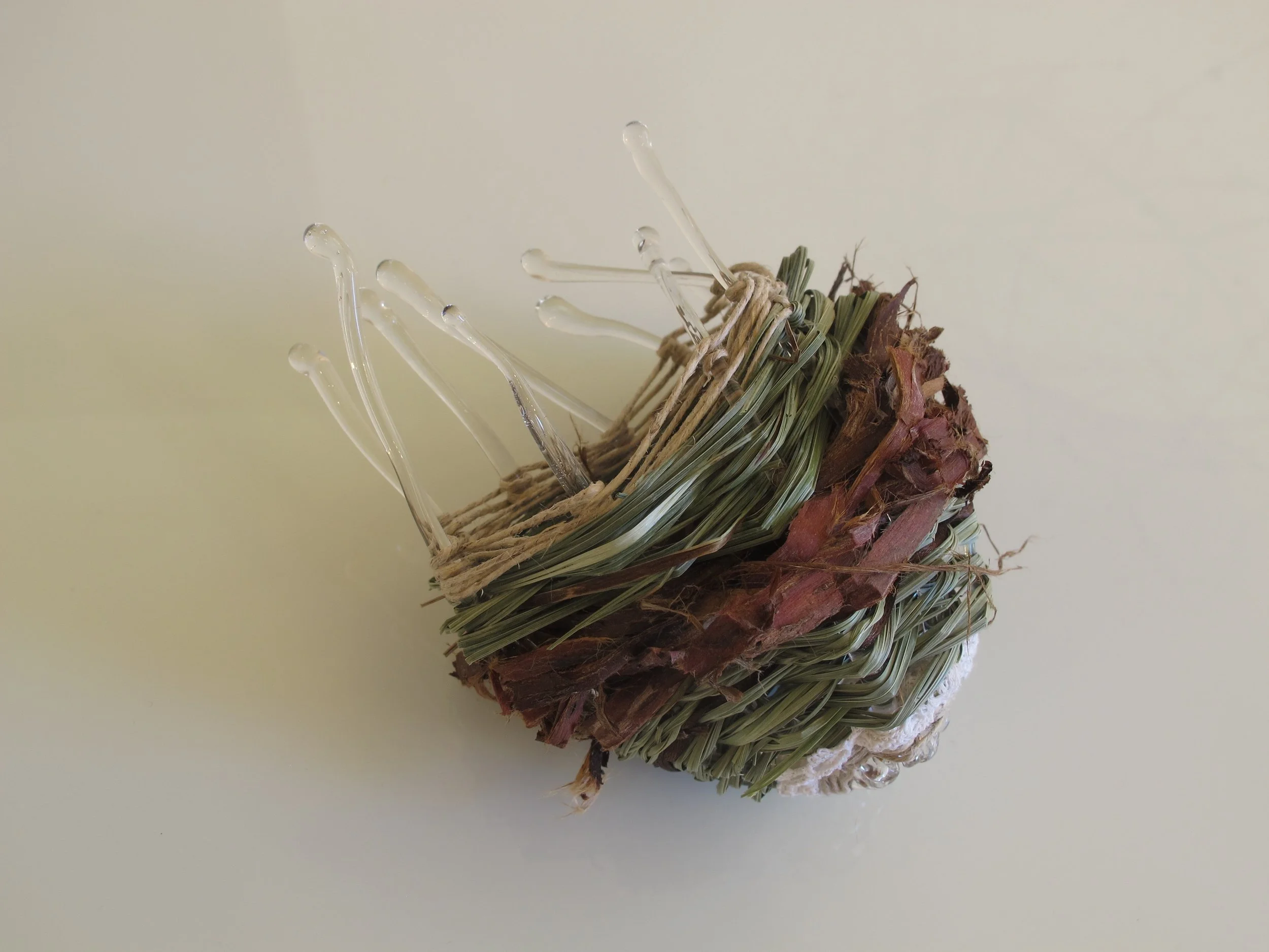 Gathered Memories 1 flame worked glass, grass, lace, cedar, copper 9 h x 13 l x 8 d cm 2016