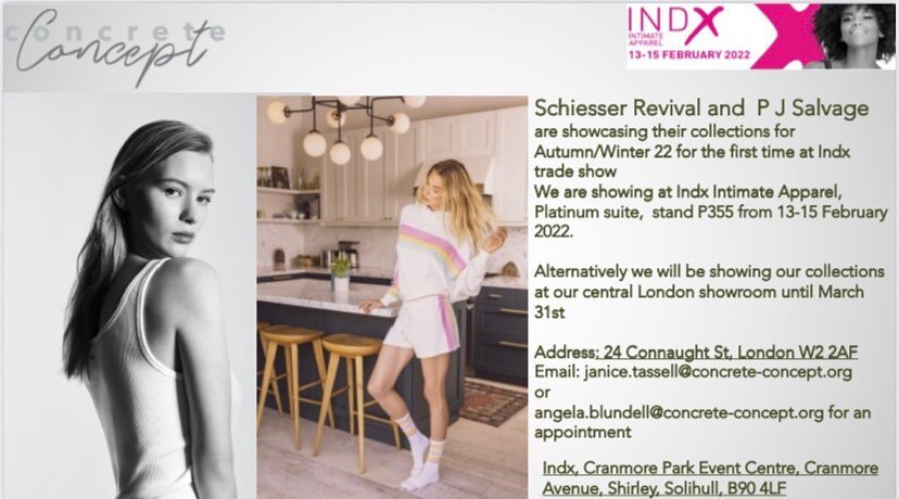 We&rsquo;re showing P J Salvage and Schiesser Revival at Indx in Birmingham from 13-15 February. Come and take a look at their AW22 collections #schiesserrevival #schiesser #pjsalvage #luxelifestyle #organiccotton. Click on the location link for addr