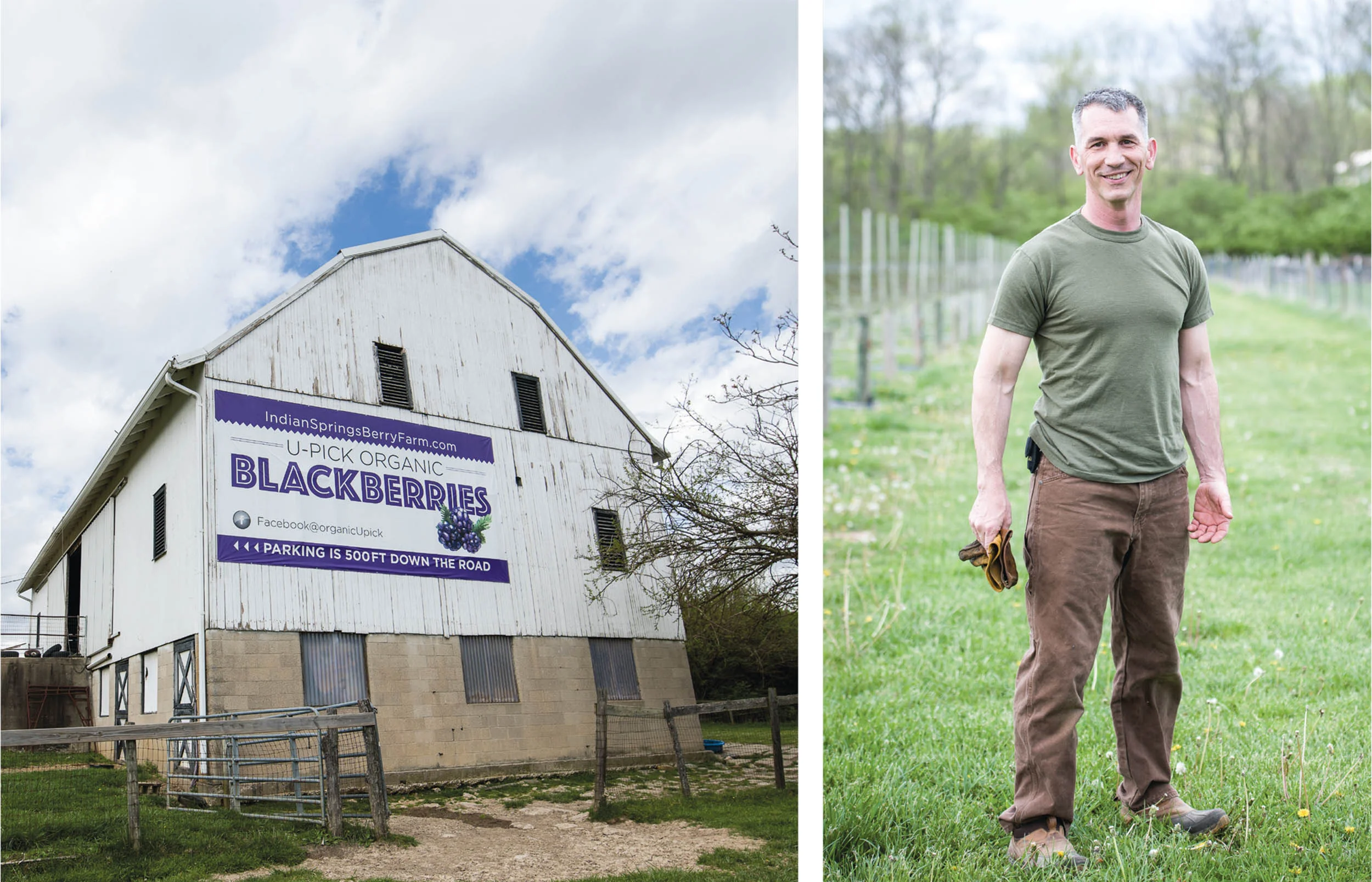 Jason Pratt, a new farmer participating in OEFFA’s Heartland Farm Beginning program, launched Indian Springs Berry Farm on his family’s Fairfield-area property. Pratt, right, is a retired Marine Corps pilot who has put his engineering experience to use in building his farm’s growing structures. This is his second harvest year.