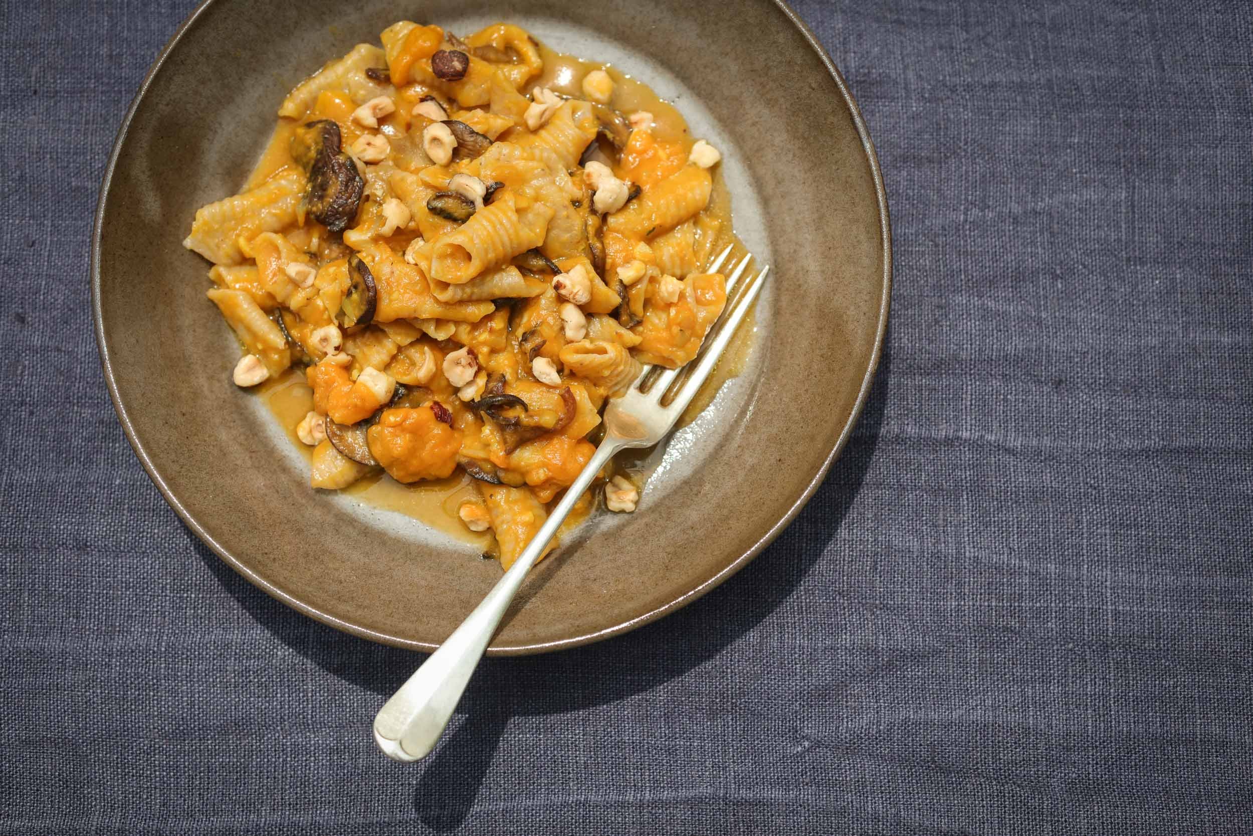 Toasted Oat Garganelli with Seared Mushrooms, Sweet Potatoes & Hazelnuts