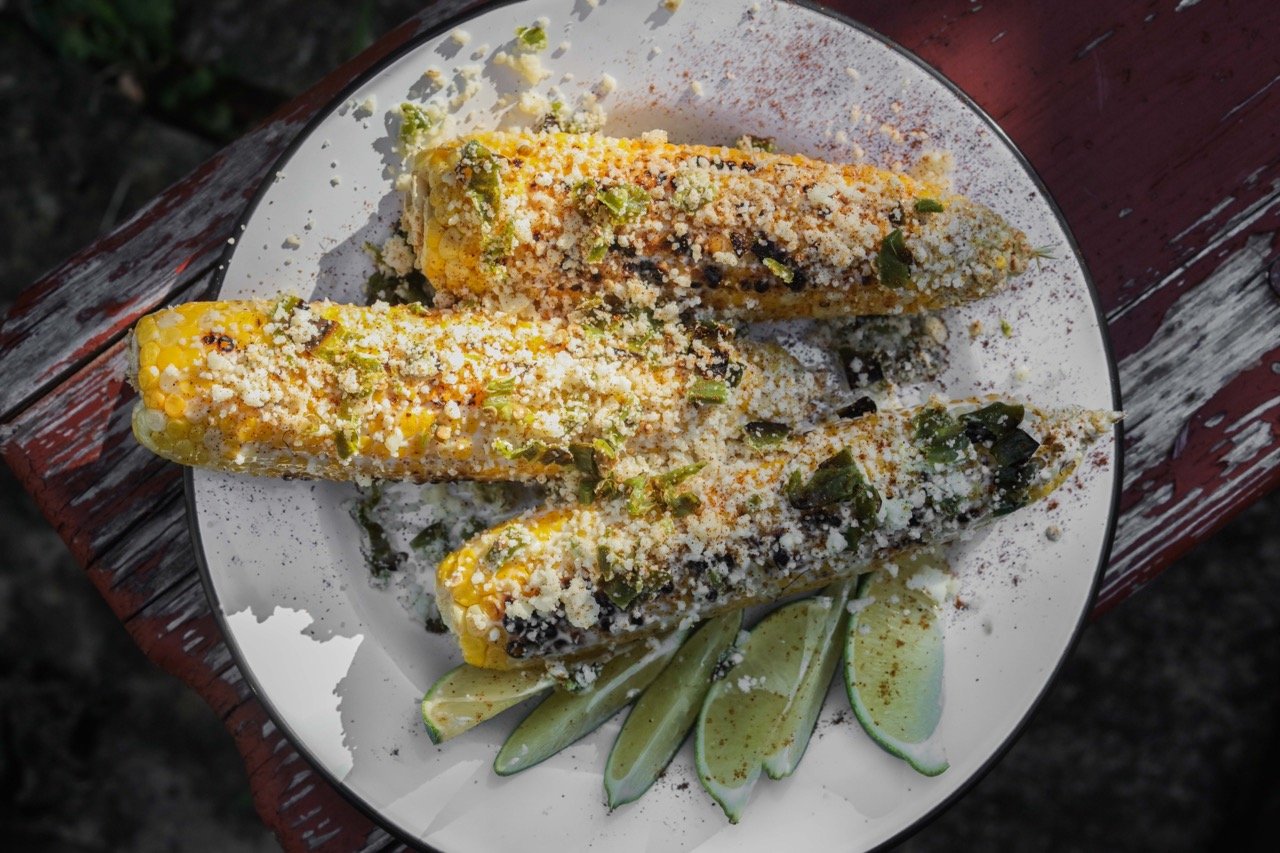 Grilled Corn with Blistered Shishitos + Cotija