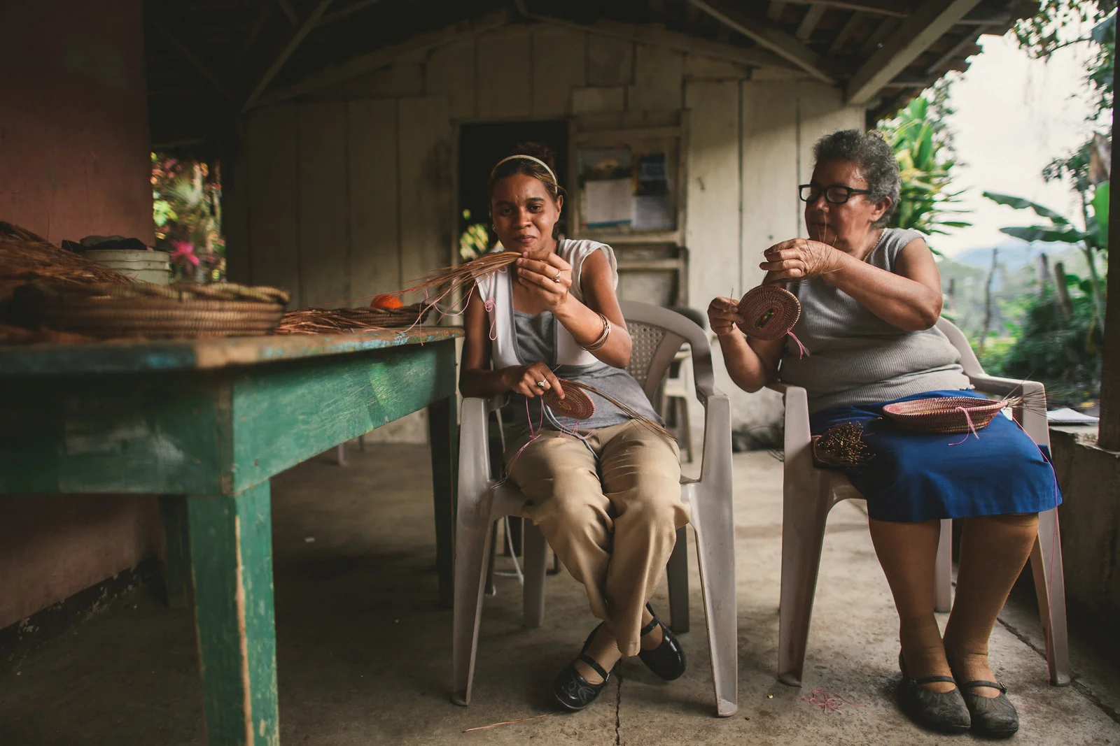 A mom teaches her daughter who is deaf to make pine needle baskets. The baskets are gorgeous and sell well. It is exciting for them to earn a fair wage and rewarding for us to be creating more jobs. 