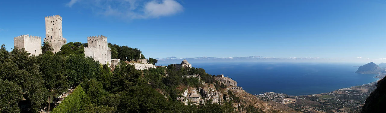 Panorama of the northwestern coast of Sicily from the hilltop town of Erice (where our proposed cooking class will be)