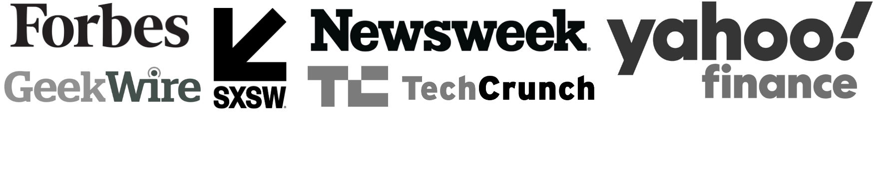 a logo banner showing forbes, geekwire, sxsw, newsweek, techcrunch and yahoo finance. these are the publications that have featured Dauntless Studios and/or Lori-Lee Elliott (lorilee.io)