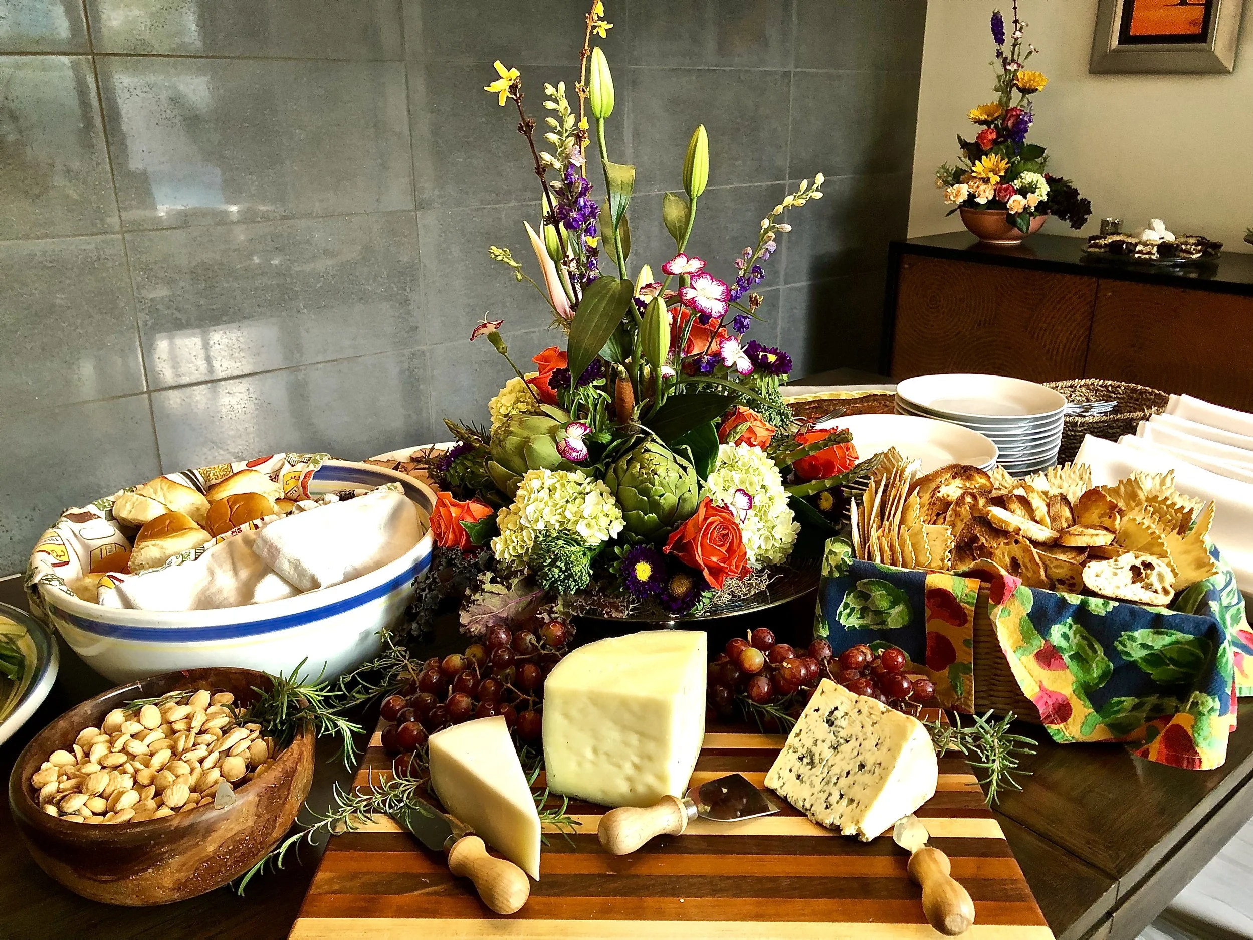 Appetizer spread — prepared for a gathering / celebration of Palm Springs friendships. (The florist, my friend Robert, did flowers at the British Embassy in Paris for years!)
