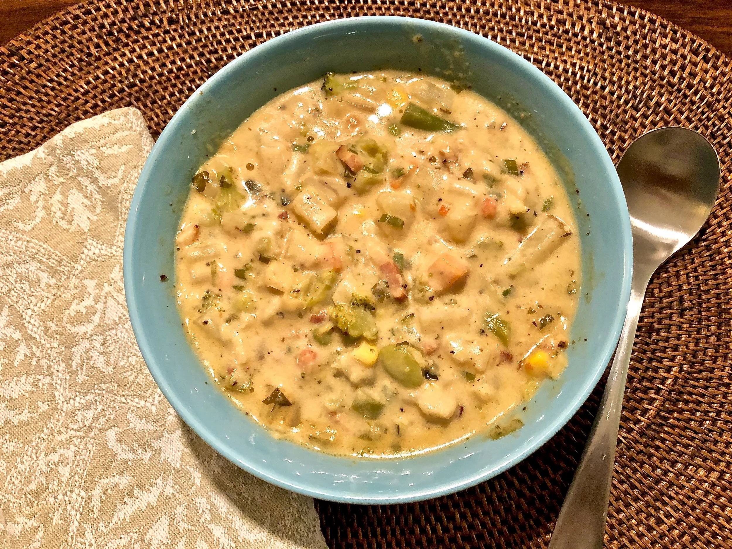 A delicious potato-broccoli-cheddar chowder.