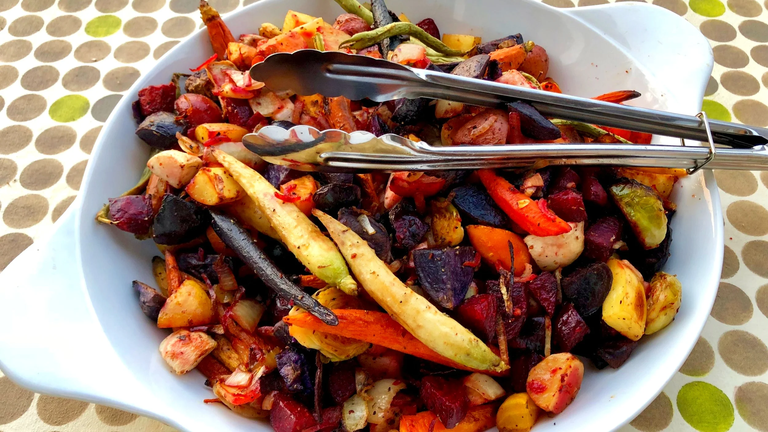Gorgeous organic oven-roasted root vegetables to accompany grilled salmon; prepared in Sandpoint, ID