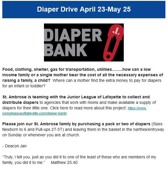 Please join us in a diaper drive! You can leave diapers in the Church Office Monday through Thursday from 10:00-2:00!
#diaperbank #juniorleagueoflafayette #helpfamilies